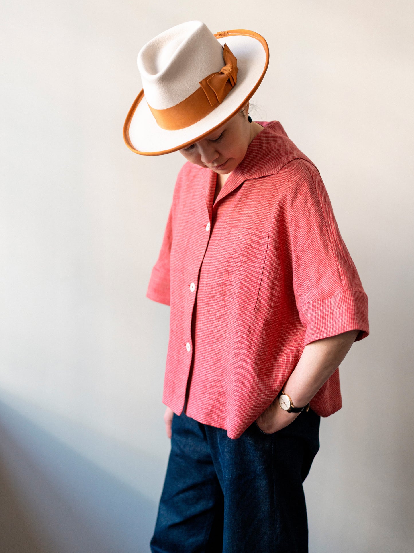 Open Collar Top / Red Irish Linen
