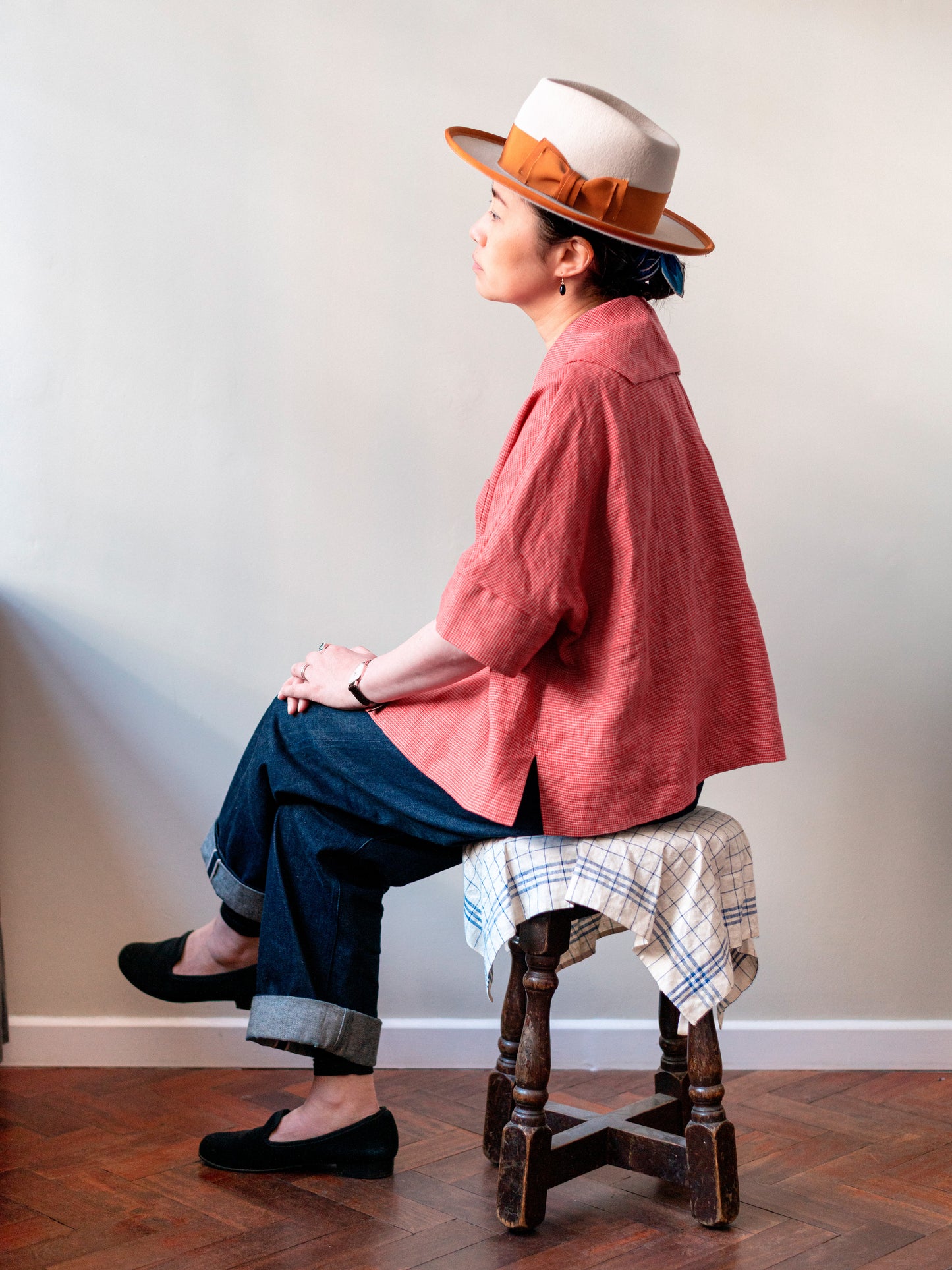 Open Collar Top / Red Irish Linen