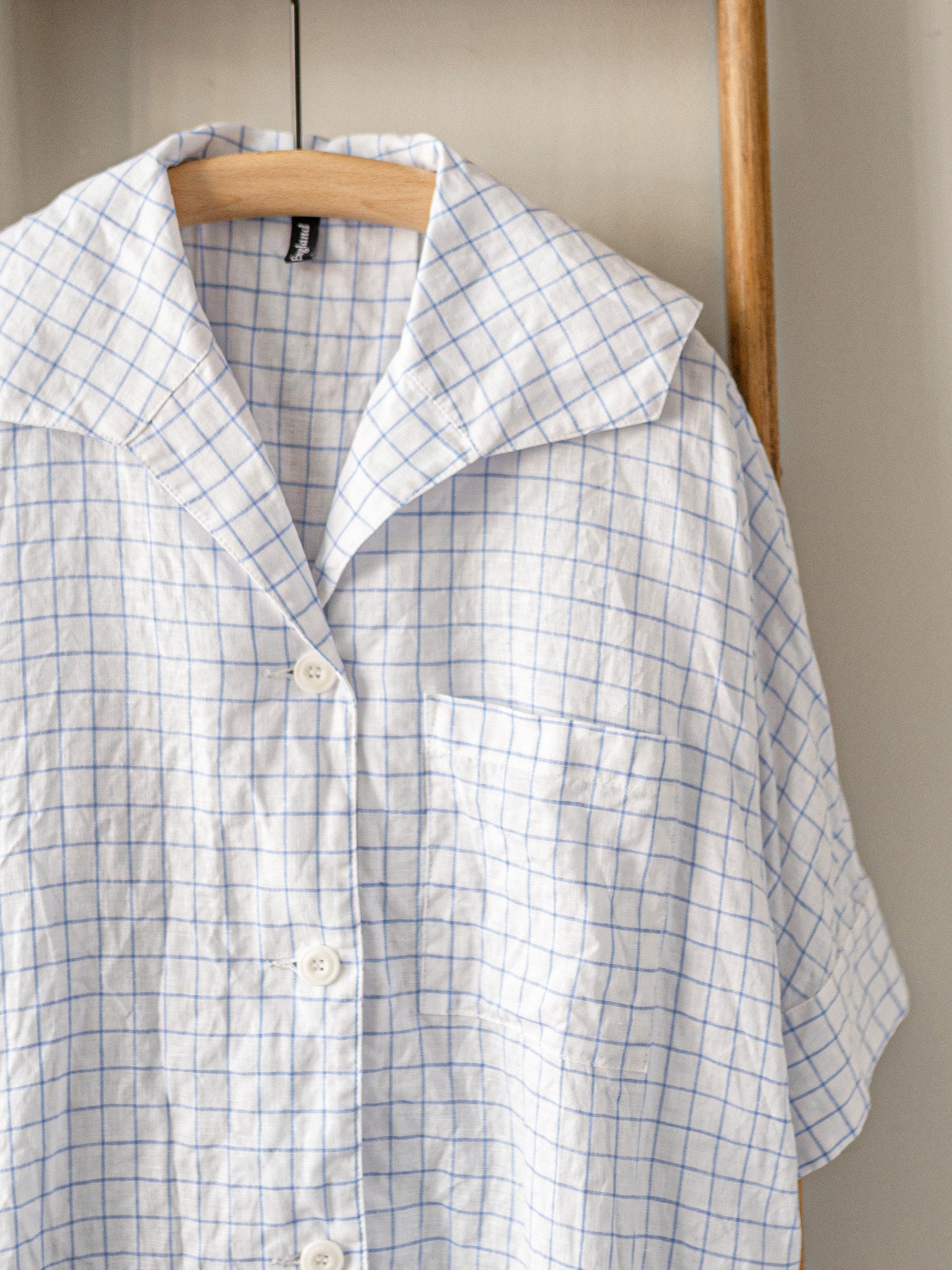 Open Collar Top – Window Pane Check Linen
