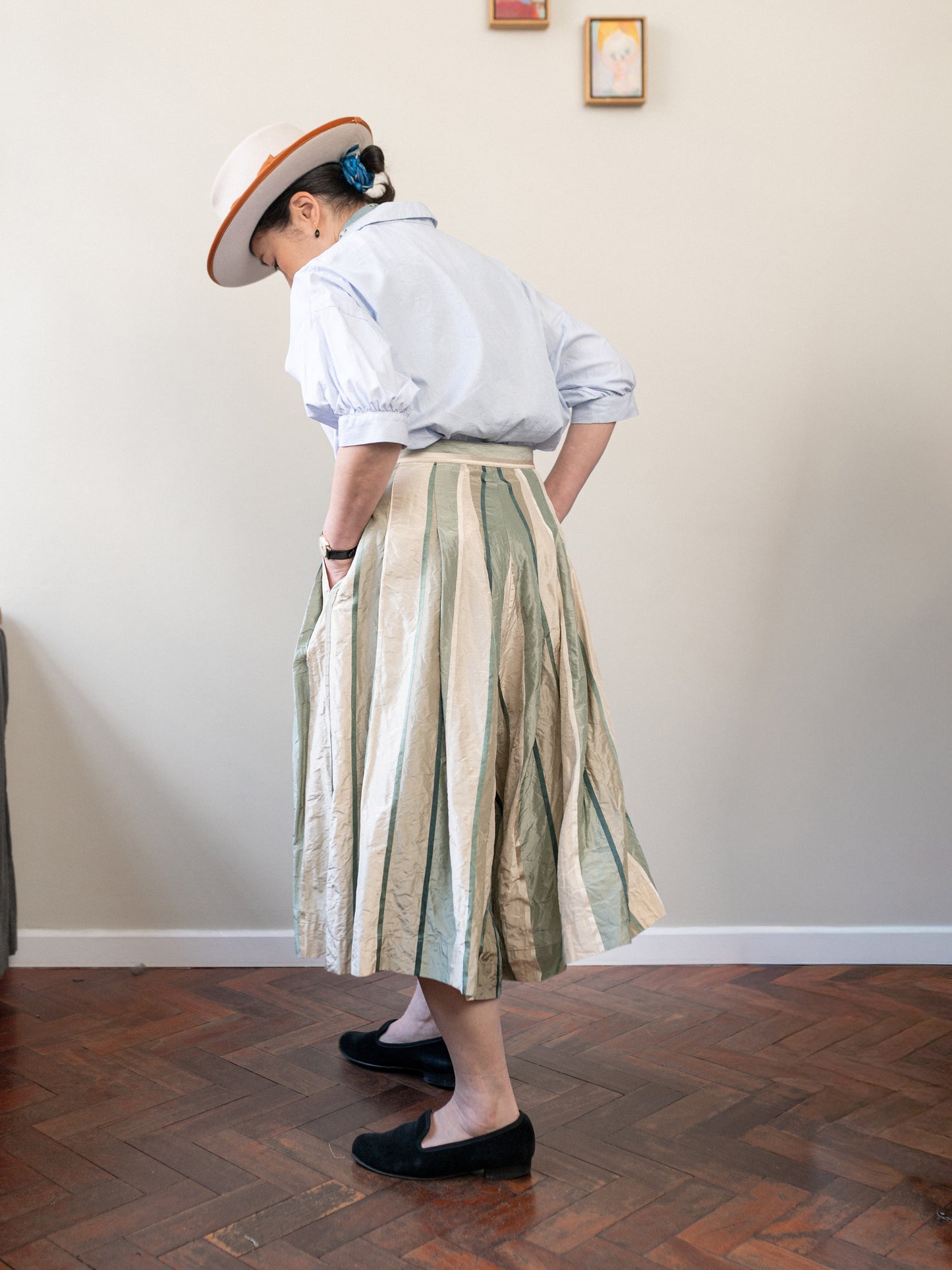 Pleated Culotte Silk / Green Stripe