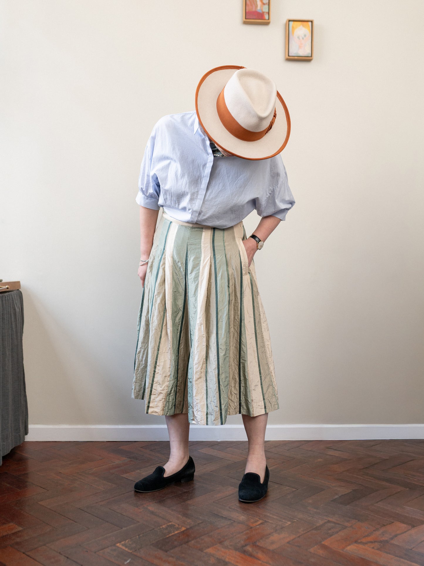Pleated Culotte Silk / Green Stripe