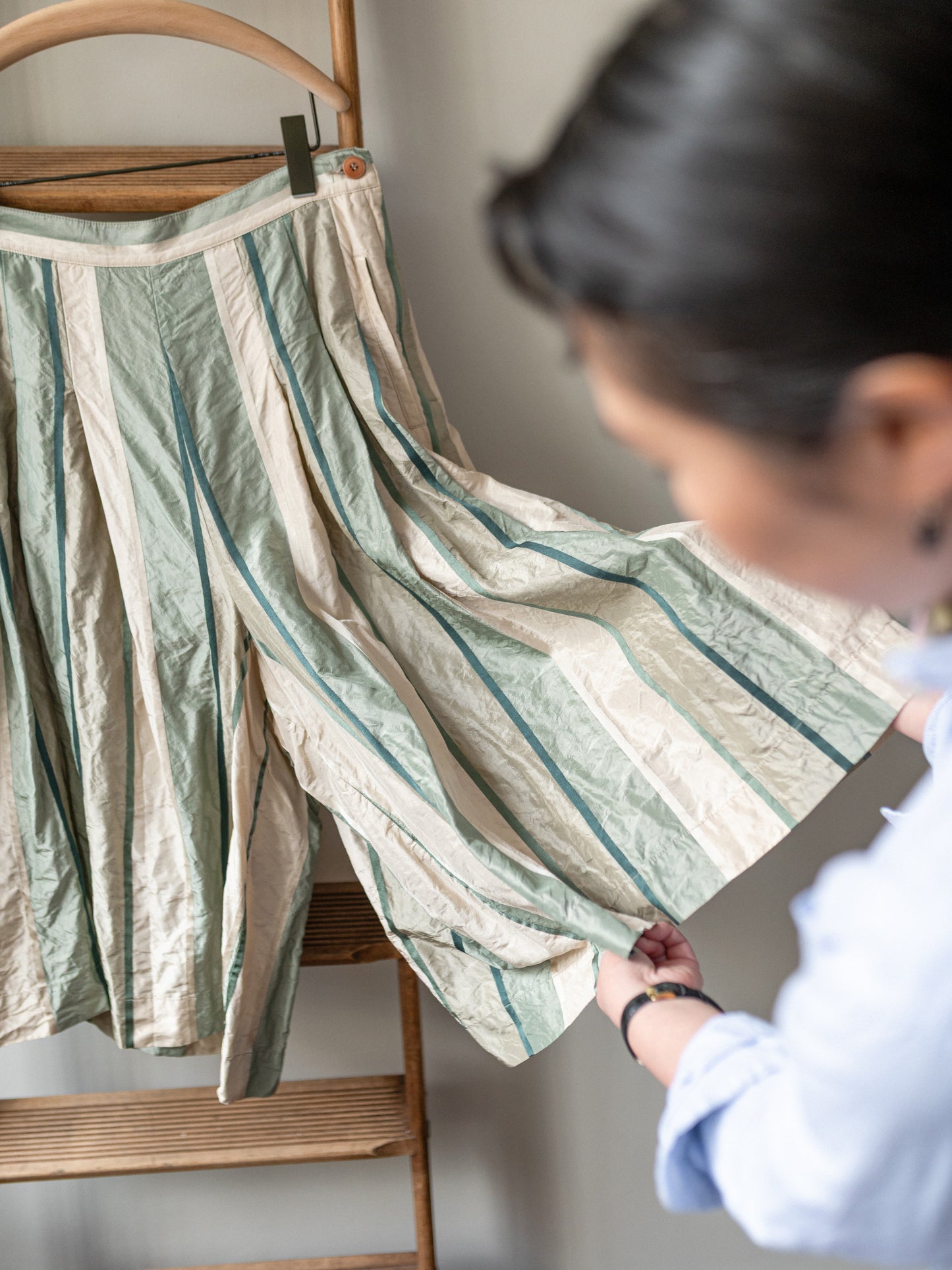 Pleated Culotte Silk / Green Stripe