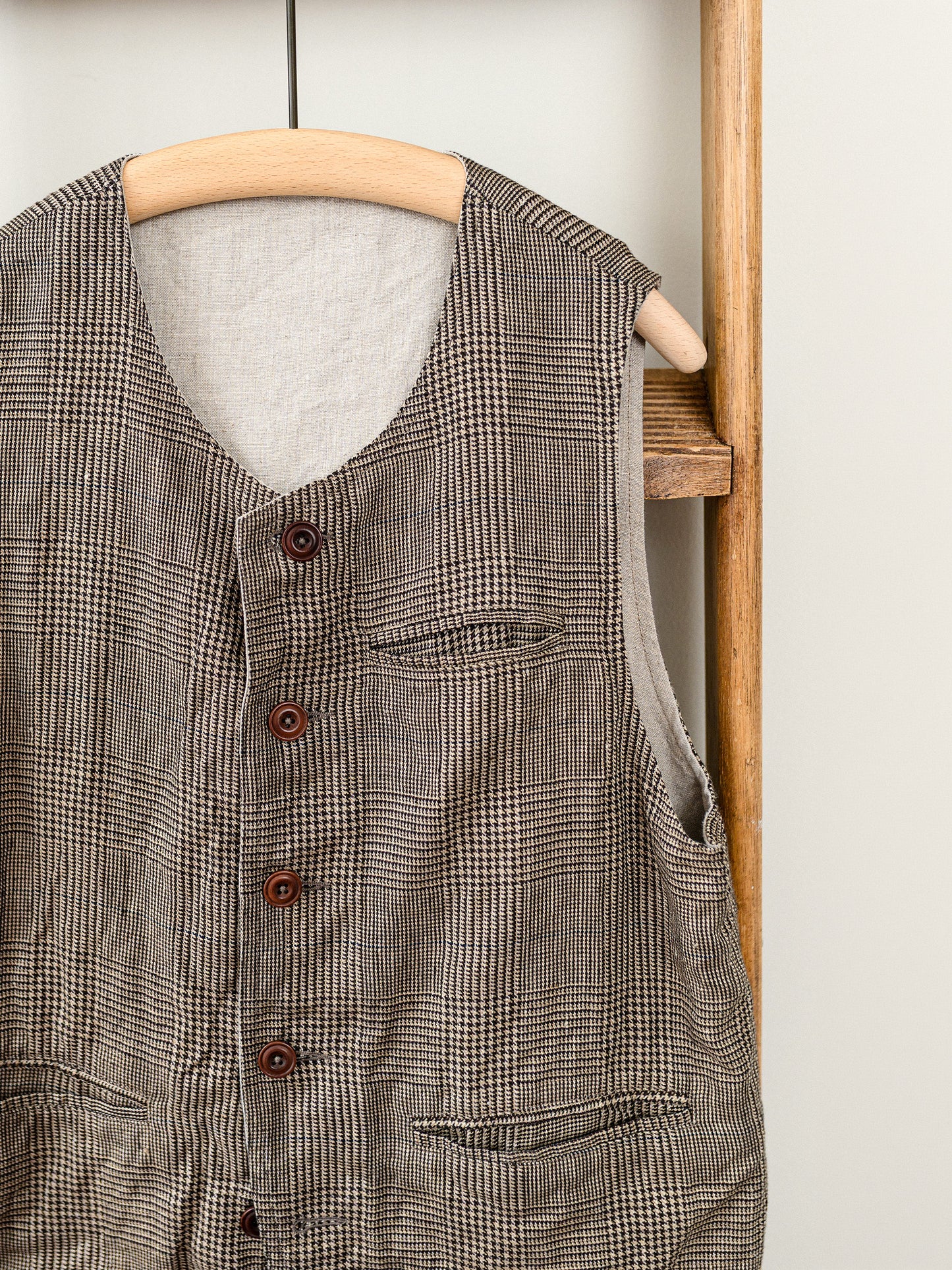 Irish Linen Reversible Vest / Brown Check & Plain