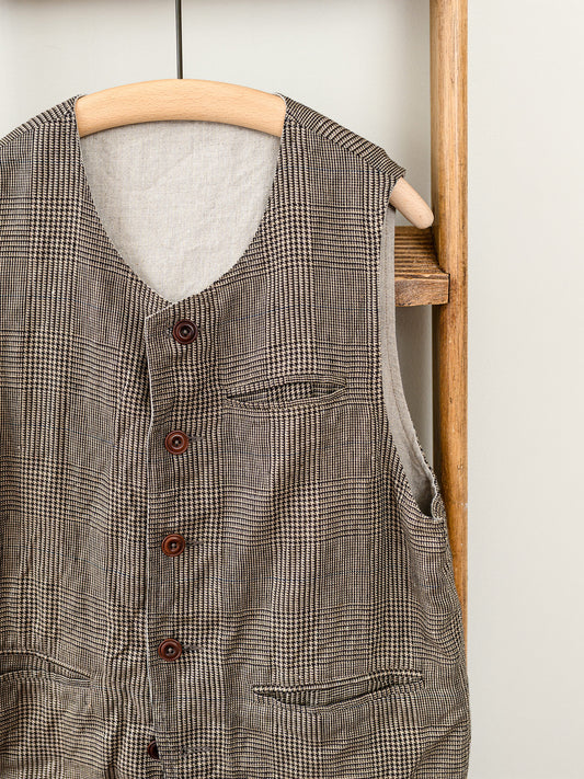 Irish Linen Reversible Vest / Brown Check & Plain