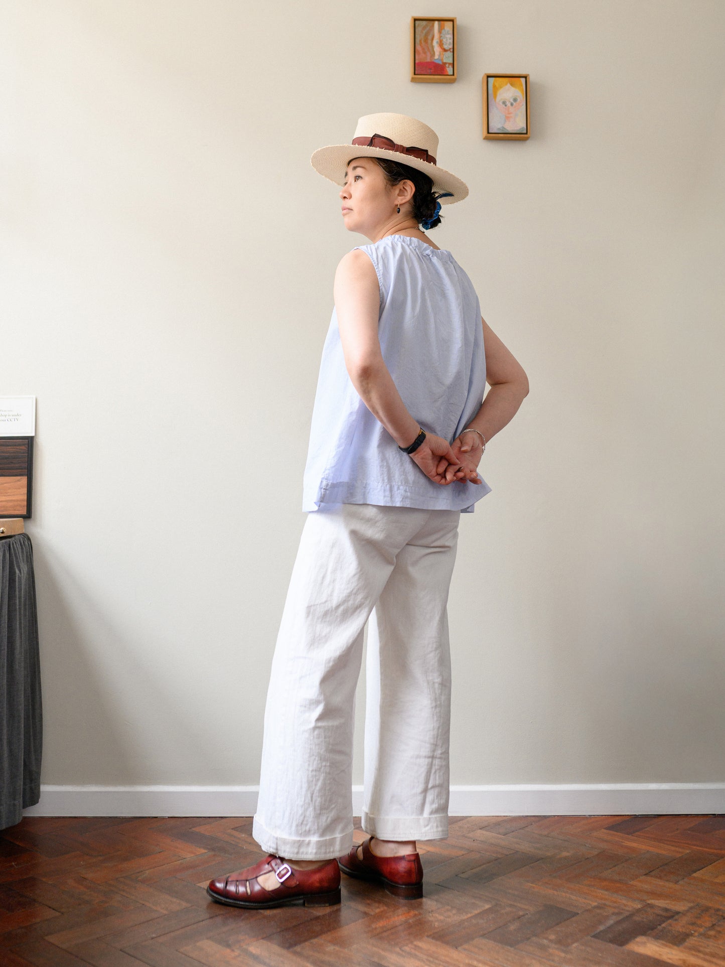 Sleeveless Ribbon Top / Pin Stripe Blue