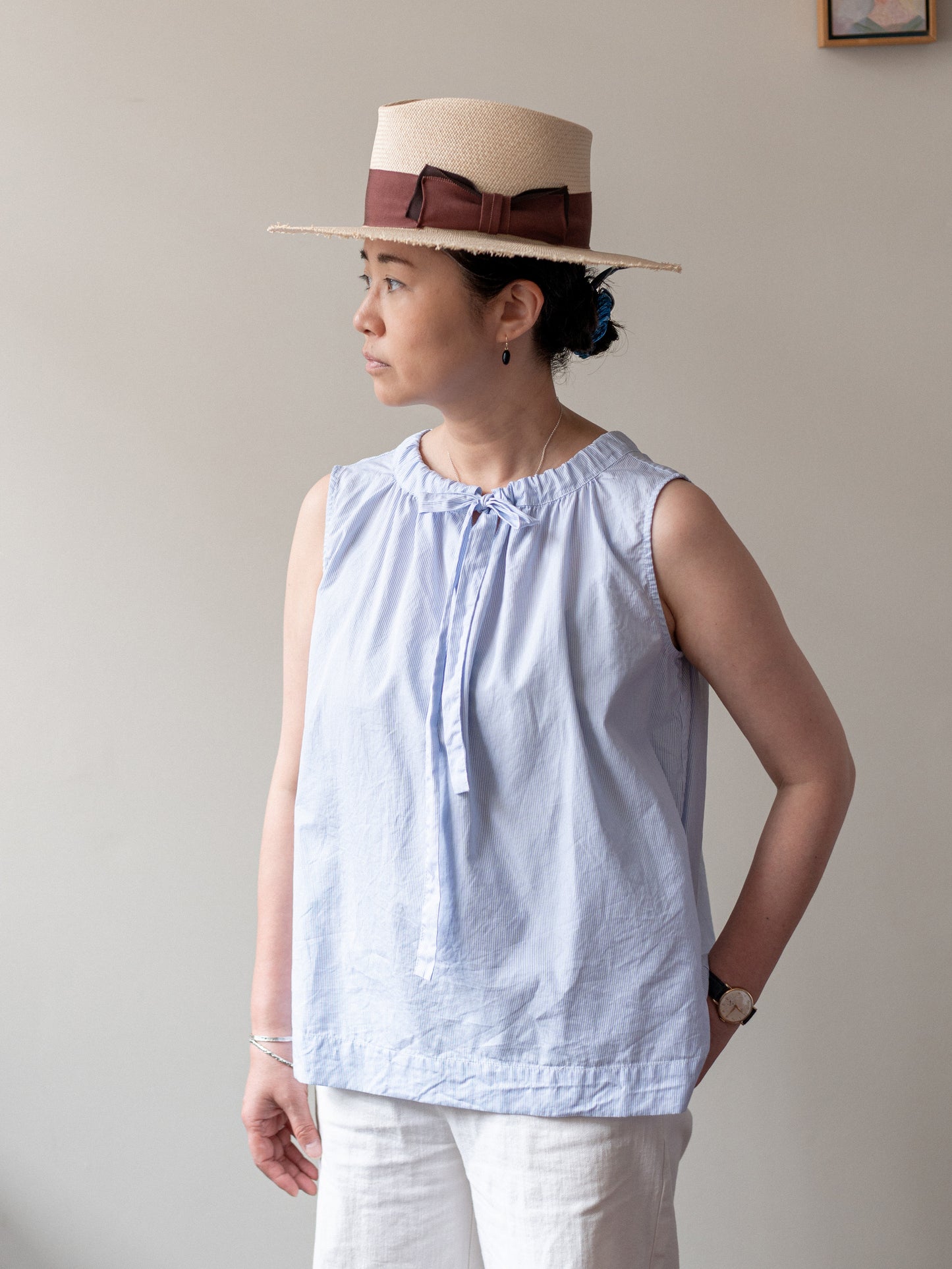 Sleeveless Ribbon Top / Pin Stripe Blue