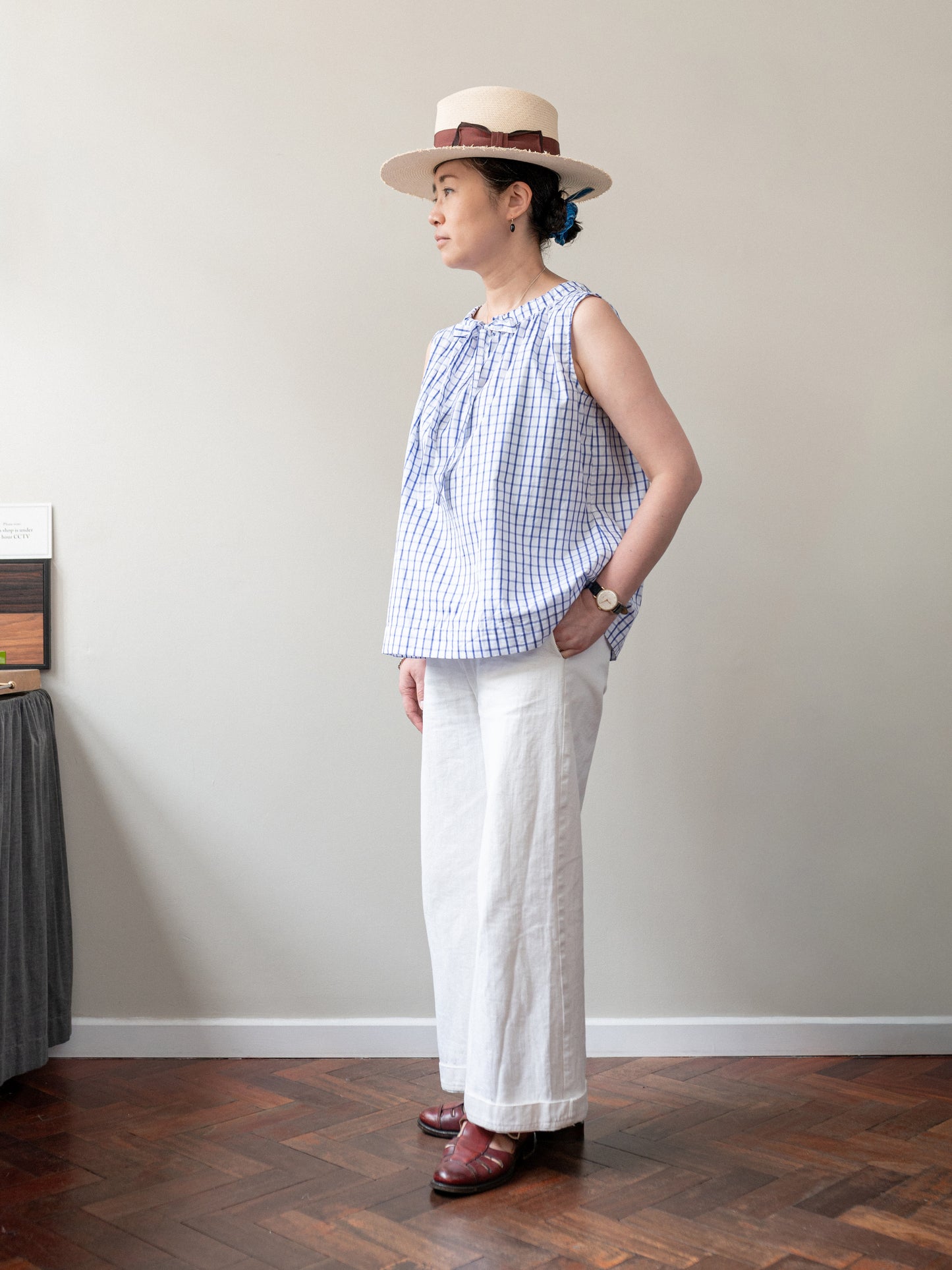 Sleeveless Ribbon Top / Windowpane Check