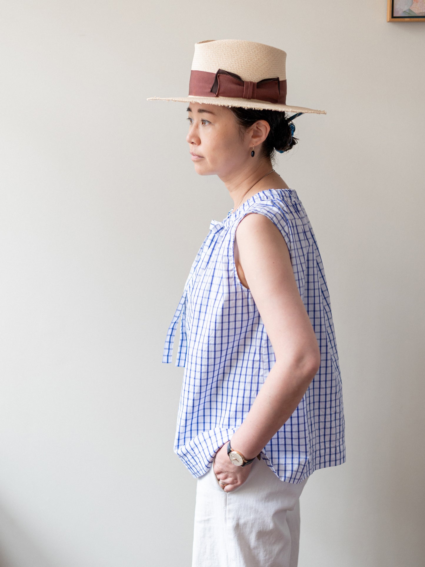 Sleeveless Ribbon Top / Windowpane Check