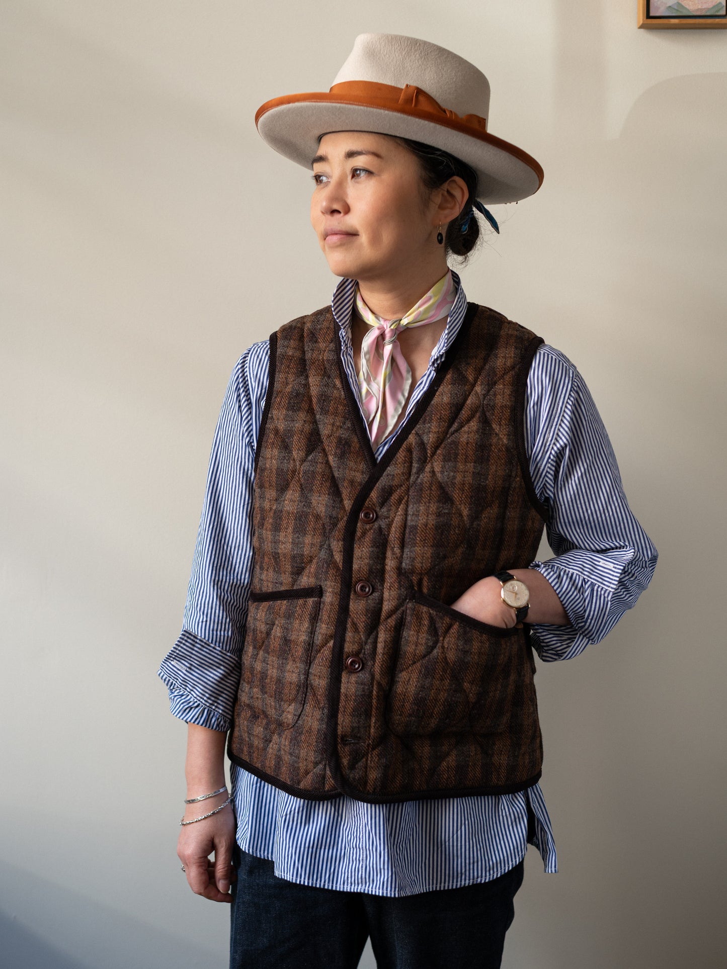 Tweed Quilted Vest / Brown Check