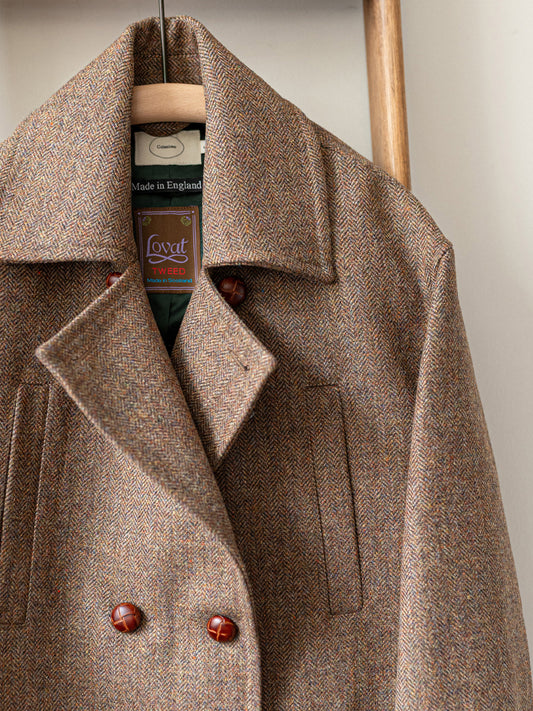 Long Peacoat / Brown Herringbone Tweed