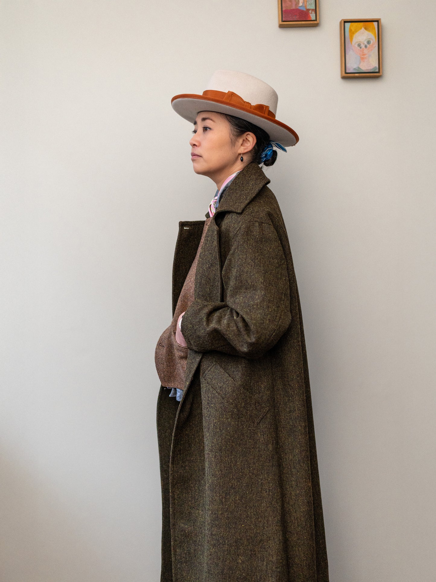Long Peacoat / Khaki Herringbone Tweed