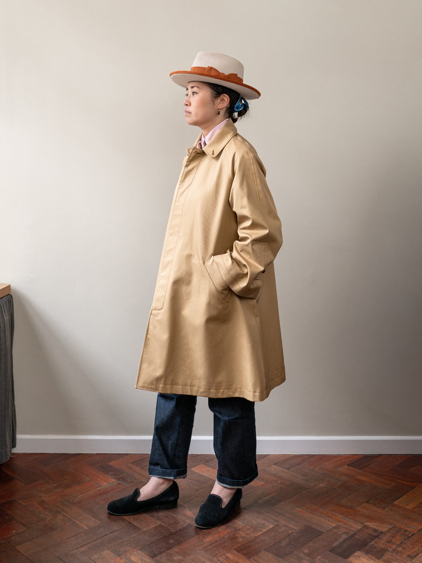 A-Line Balmacaan Rain Coat / Beige Gabardine