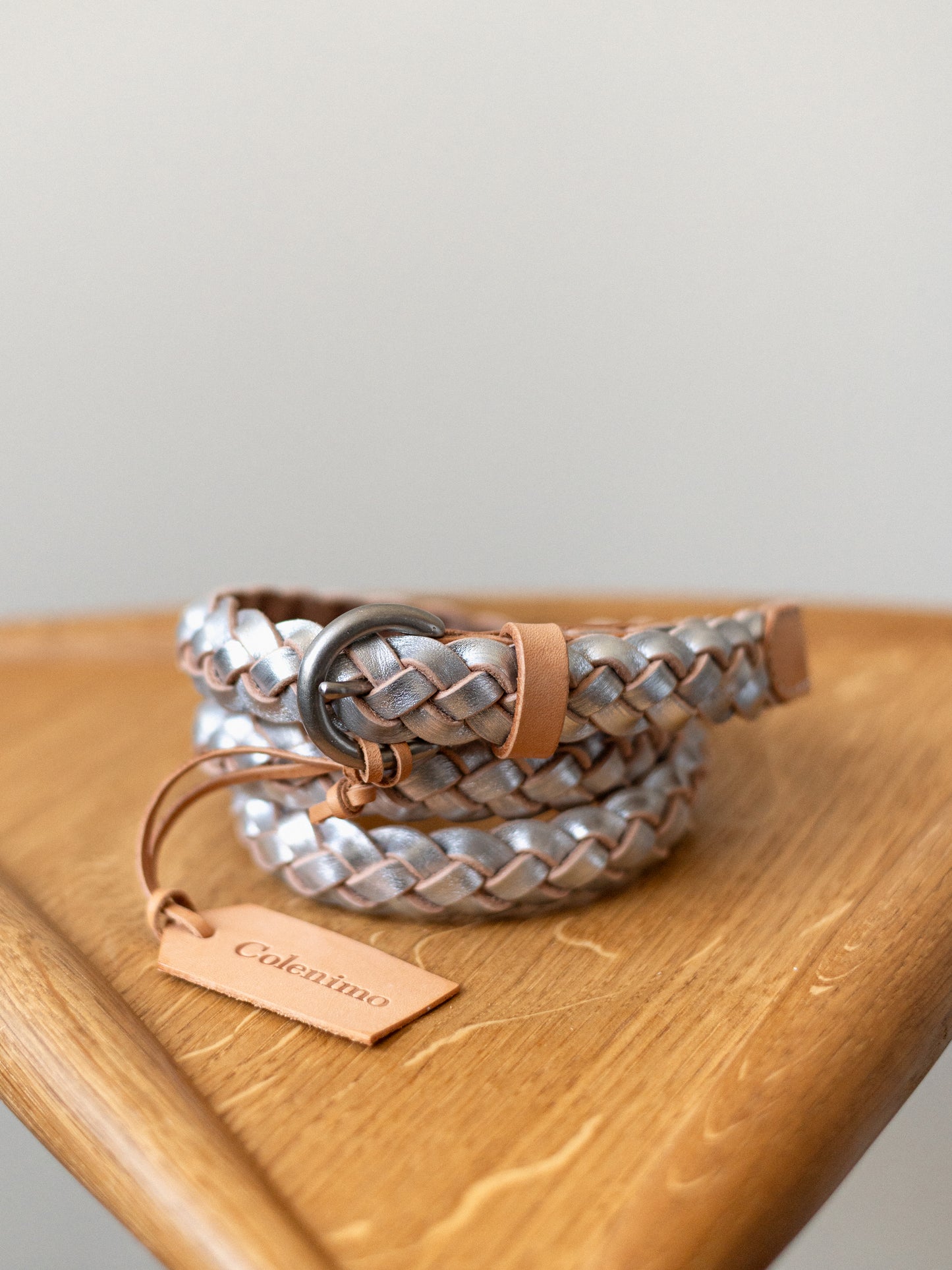 Braided Slim Leather Belt / Silver