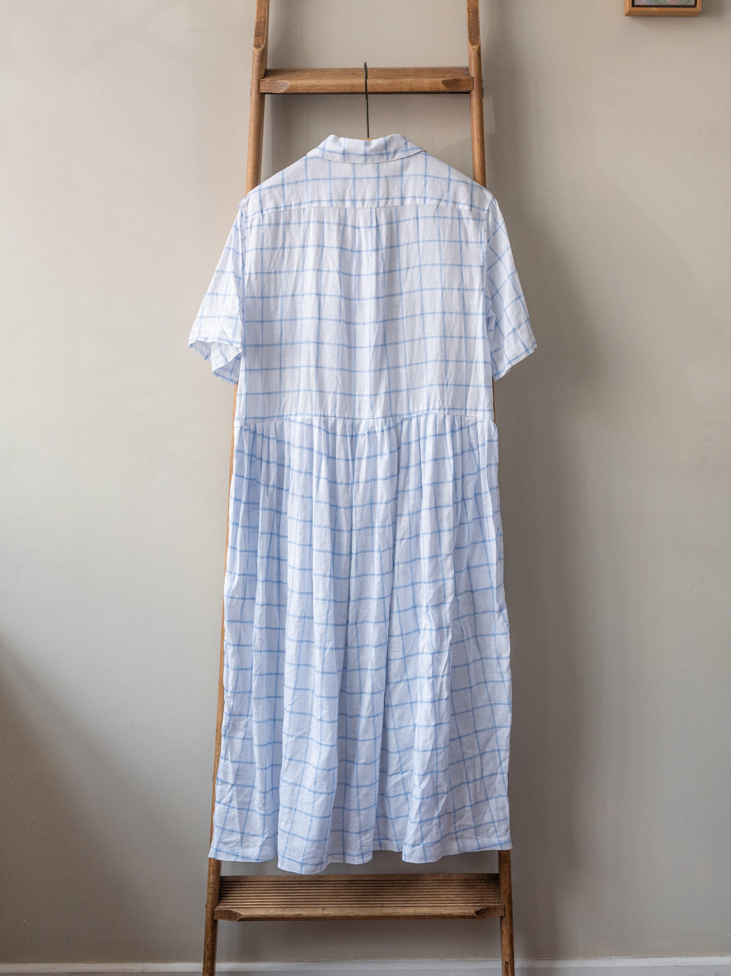 Irish Linen Windowpane Dress / White & Blue