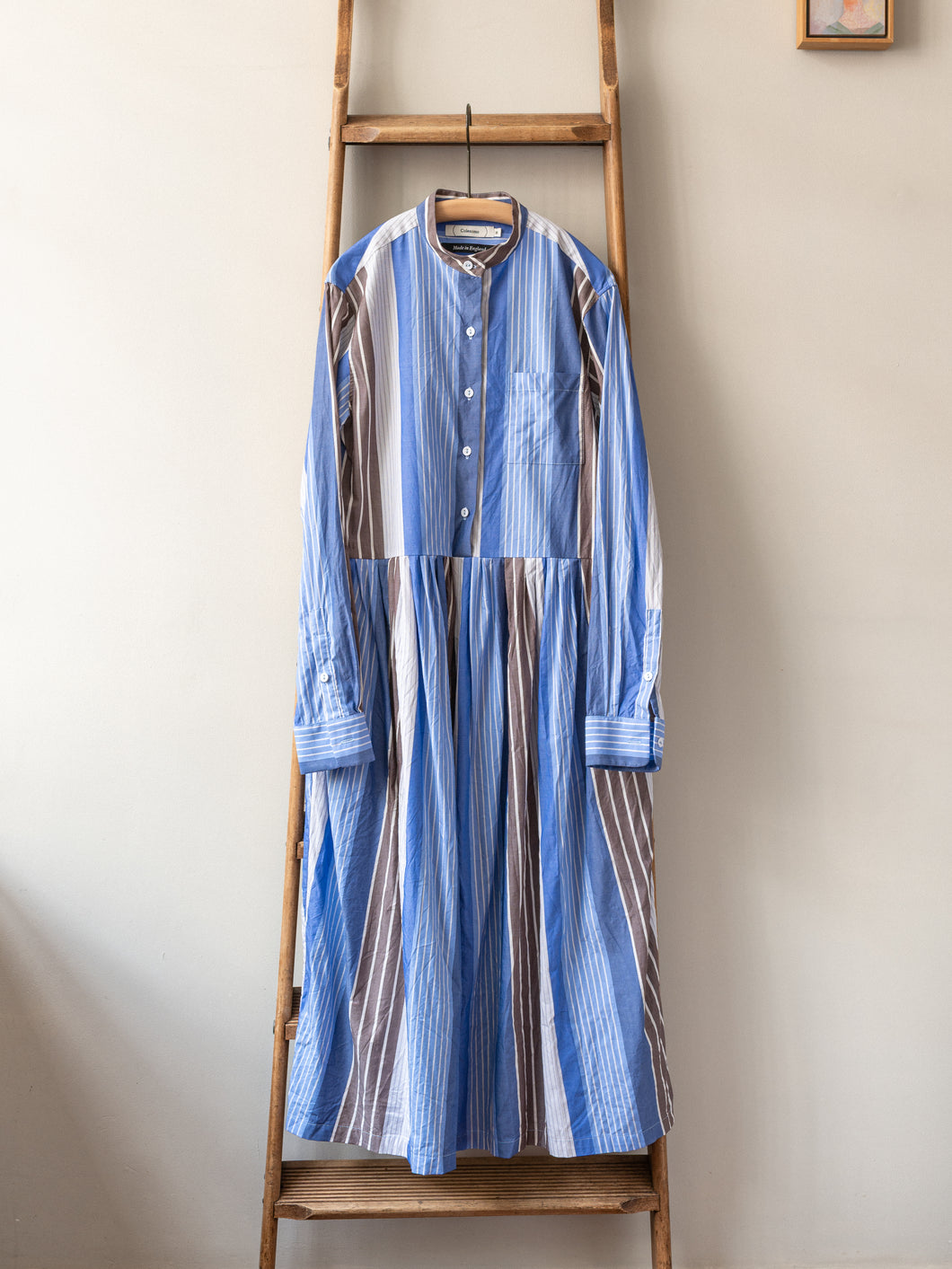 Multi Stripe Band Collar Long Sleeve Dress – Blue and White