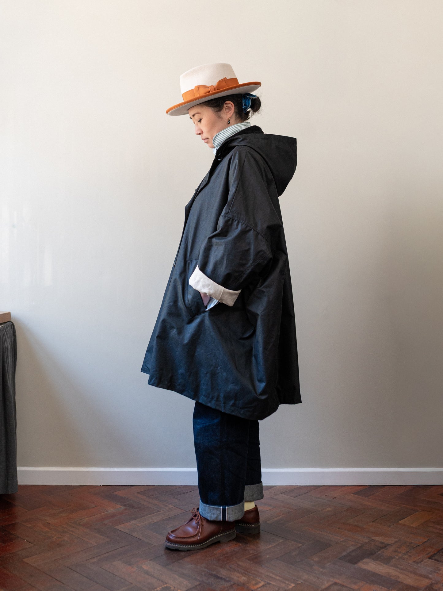 Wax Cotton Poncho Rain Coat / Black