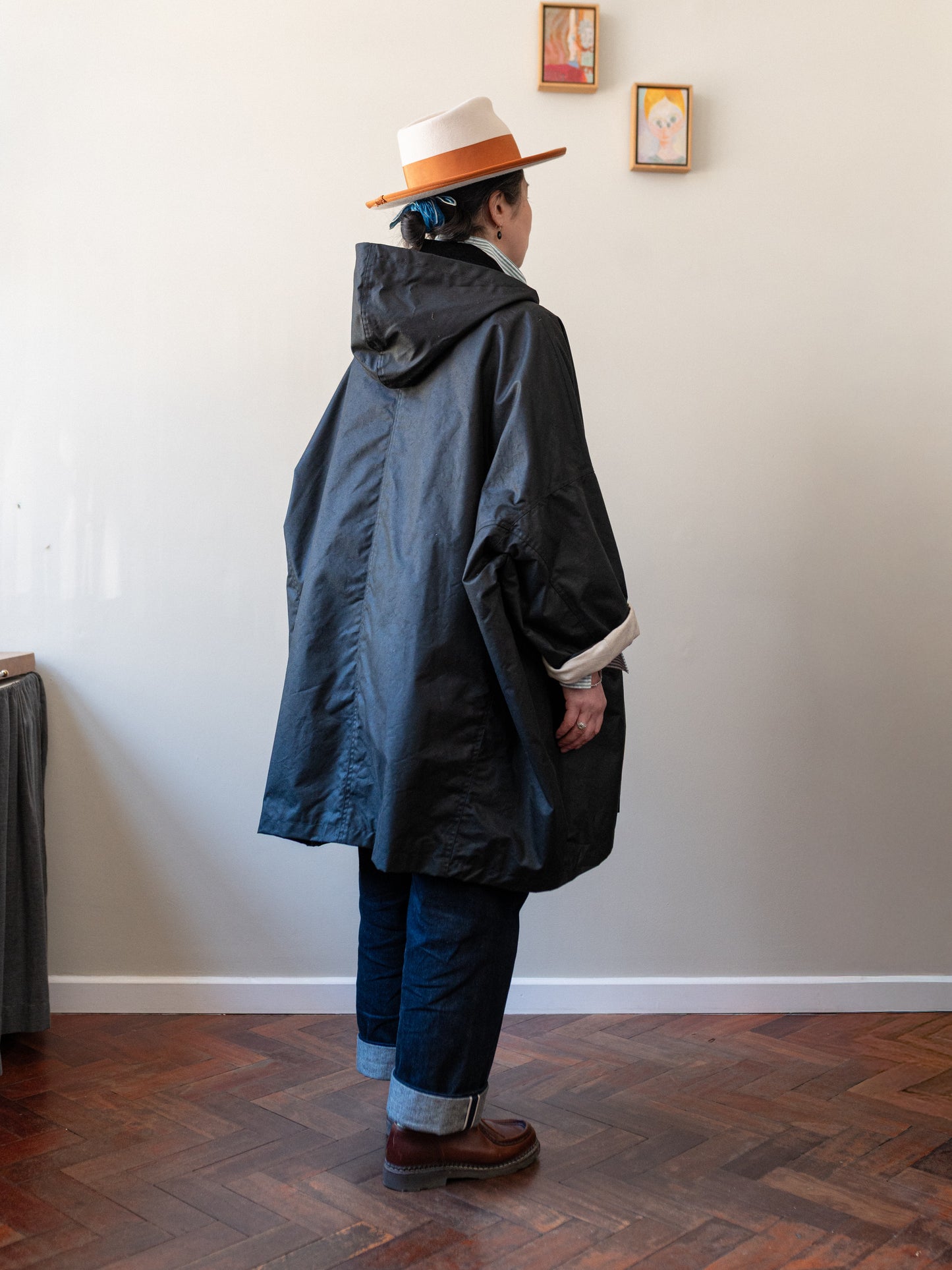 Wax Cotton Poncho Rain Coat / Black