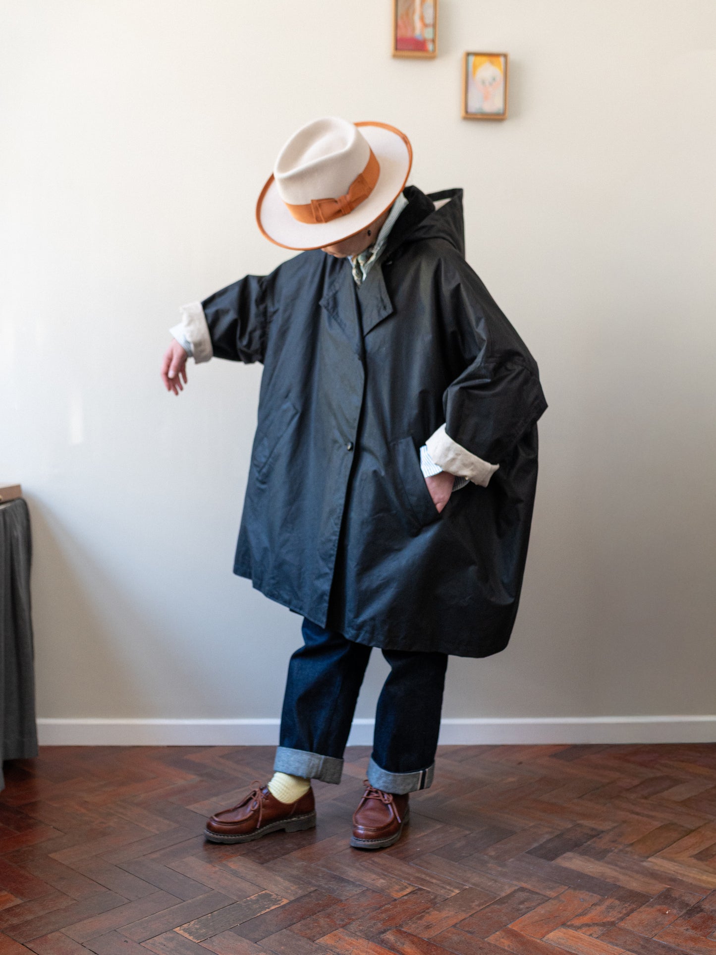 Wax Cotton Poncho Rain Coat / Black