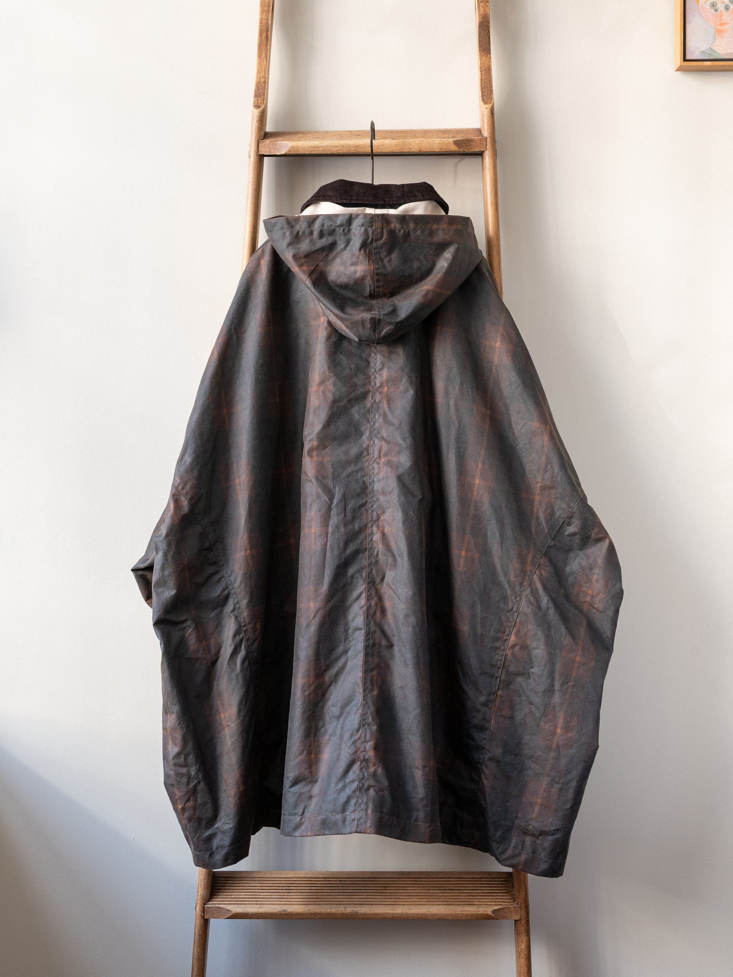 Wax Cotton Poncho Rain Coat / Brown Check