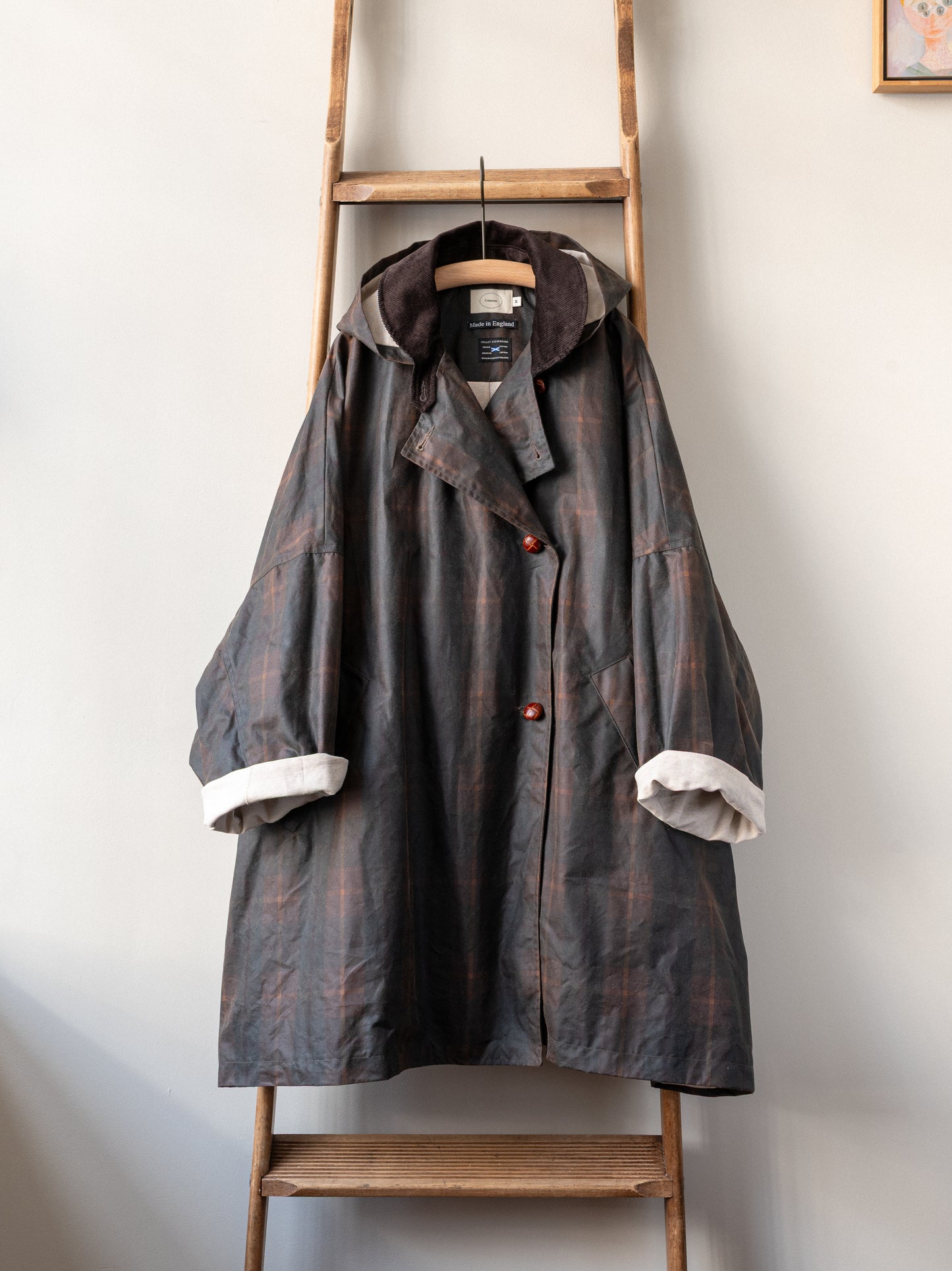 Wax Cotton Poncho Rain Coat / Brown Check