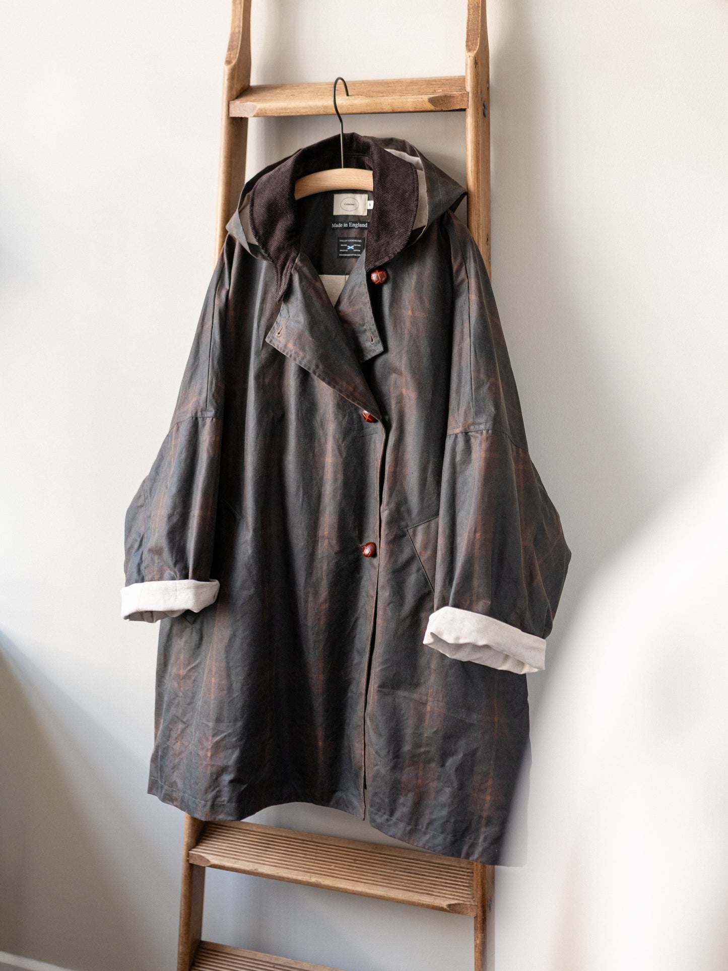 Wax Cotton Poncho Rain Coat / Brown Check