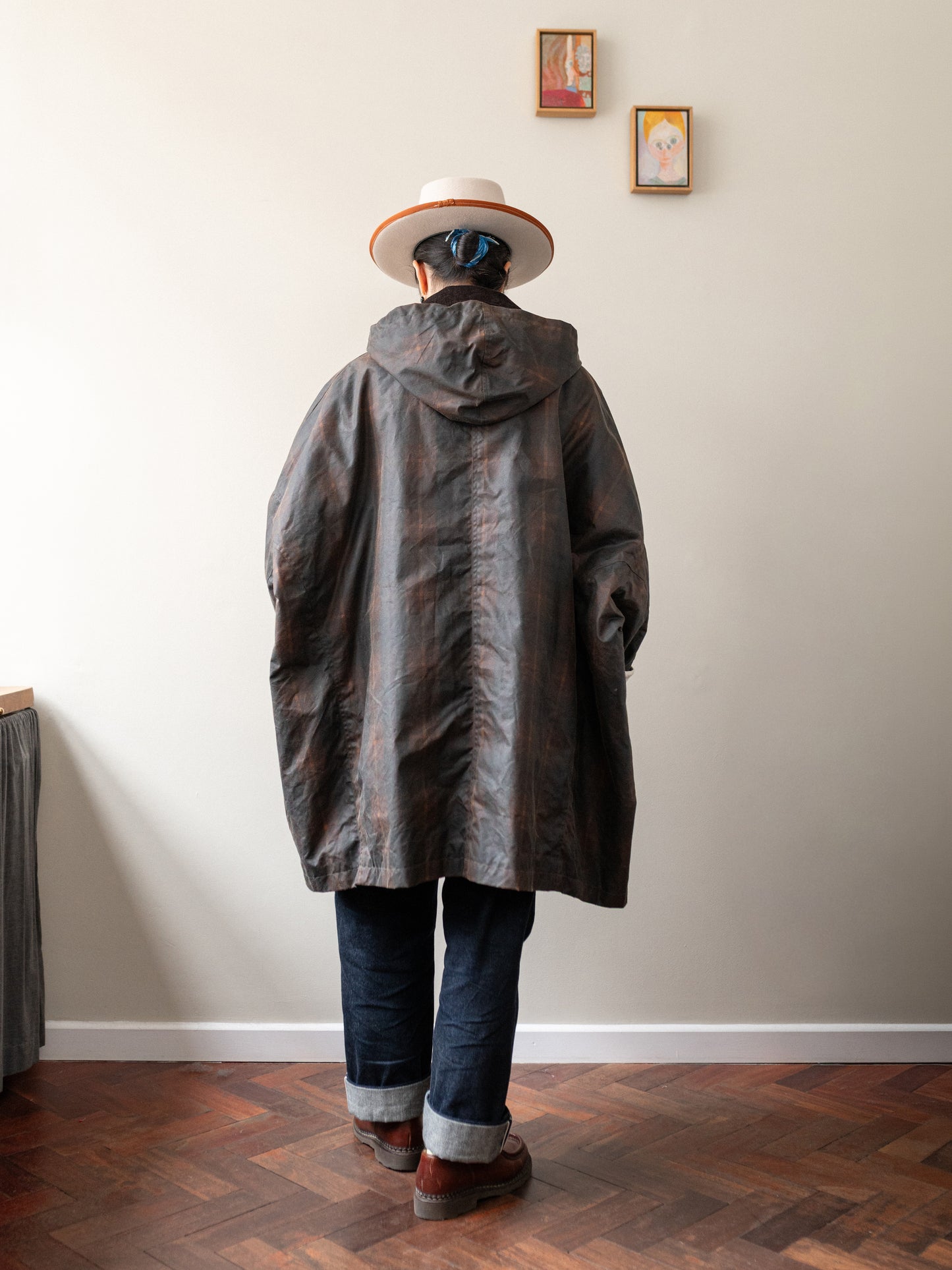 Wax Cotton Poncho Rain Coat / Brown Check