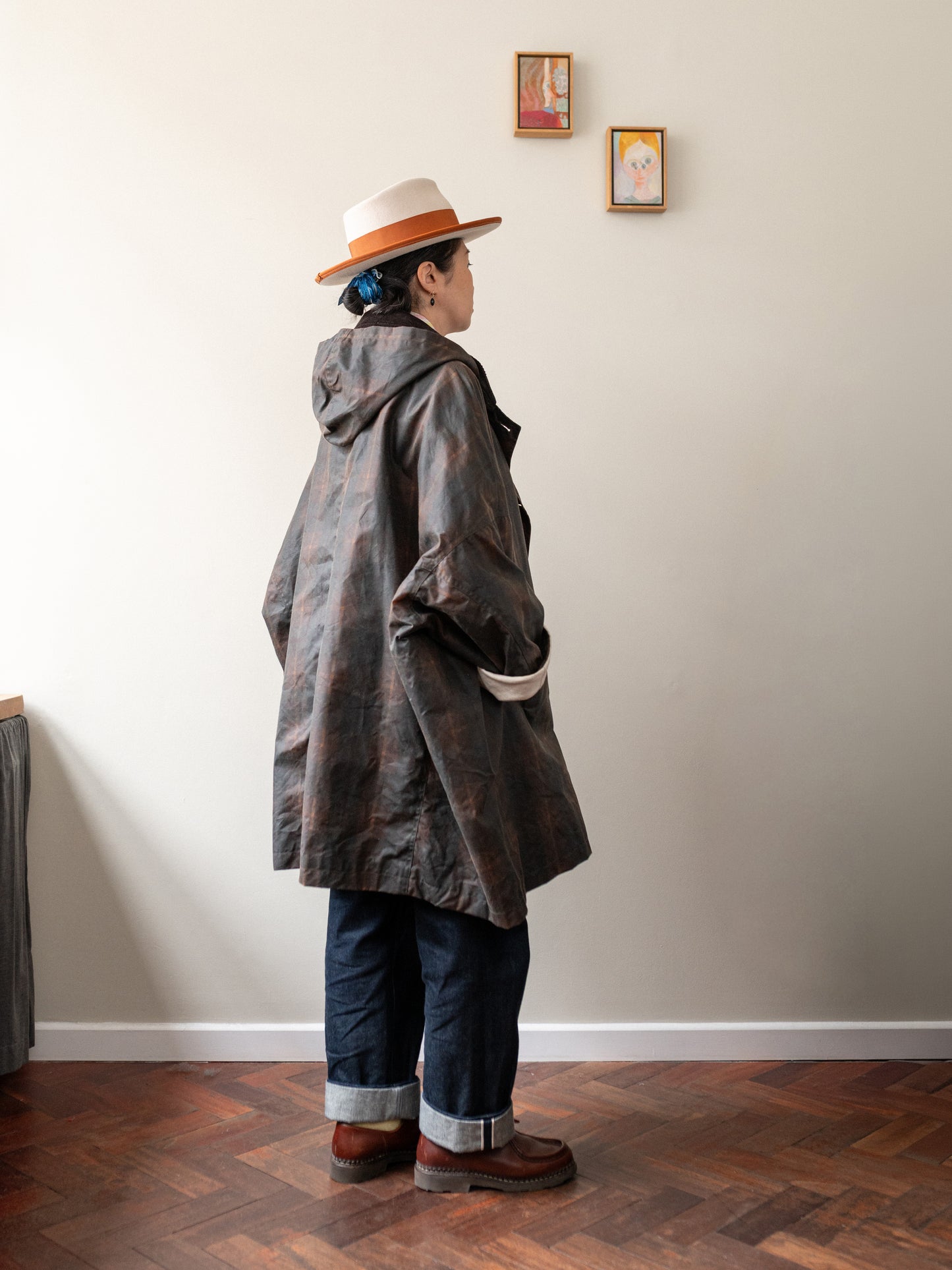 Wax Cotton Poncho Rain Coat / Brown Check