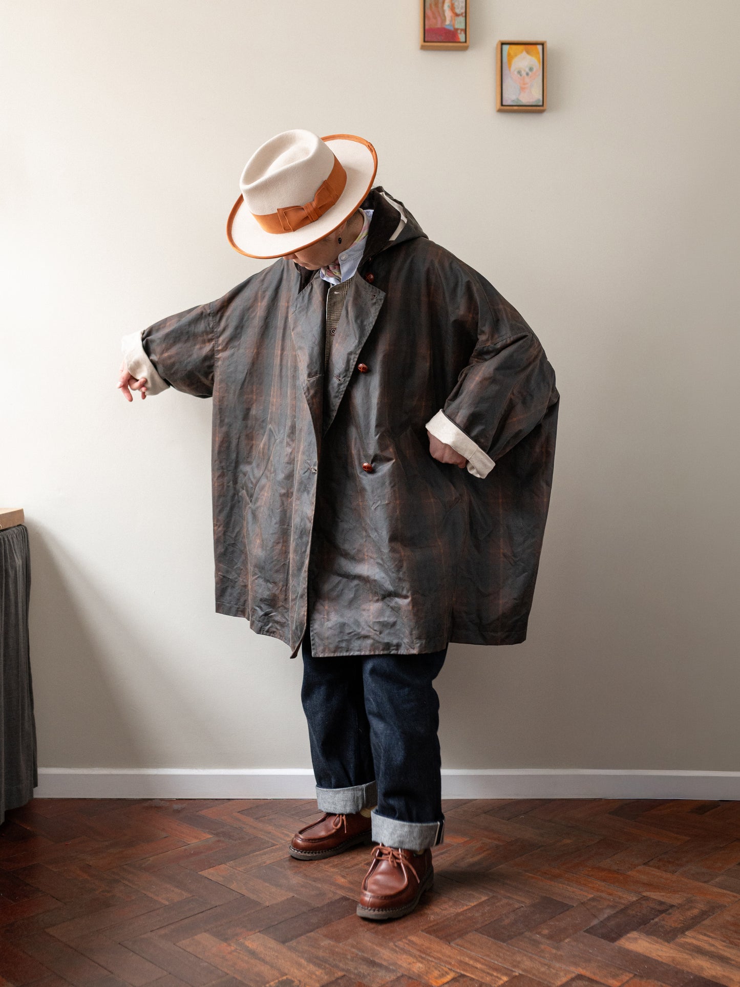 Wax Cotton Poncho Rain Coat / Brown Check