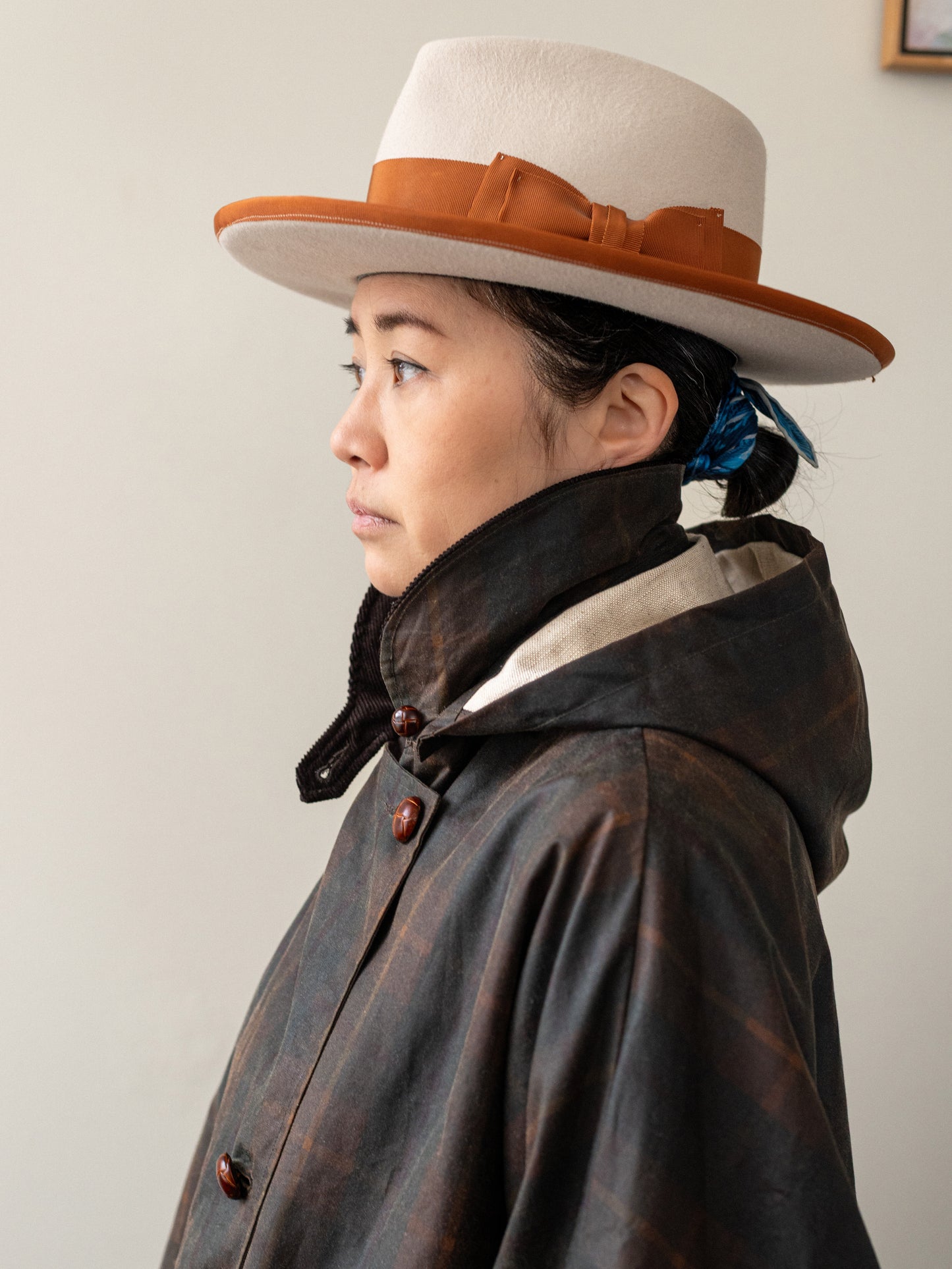 Wax Cotton Poncho Rain Coat / Brown Check