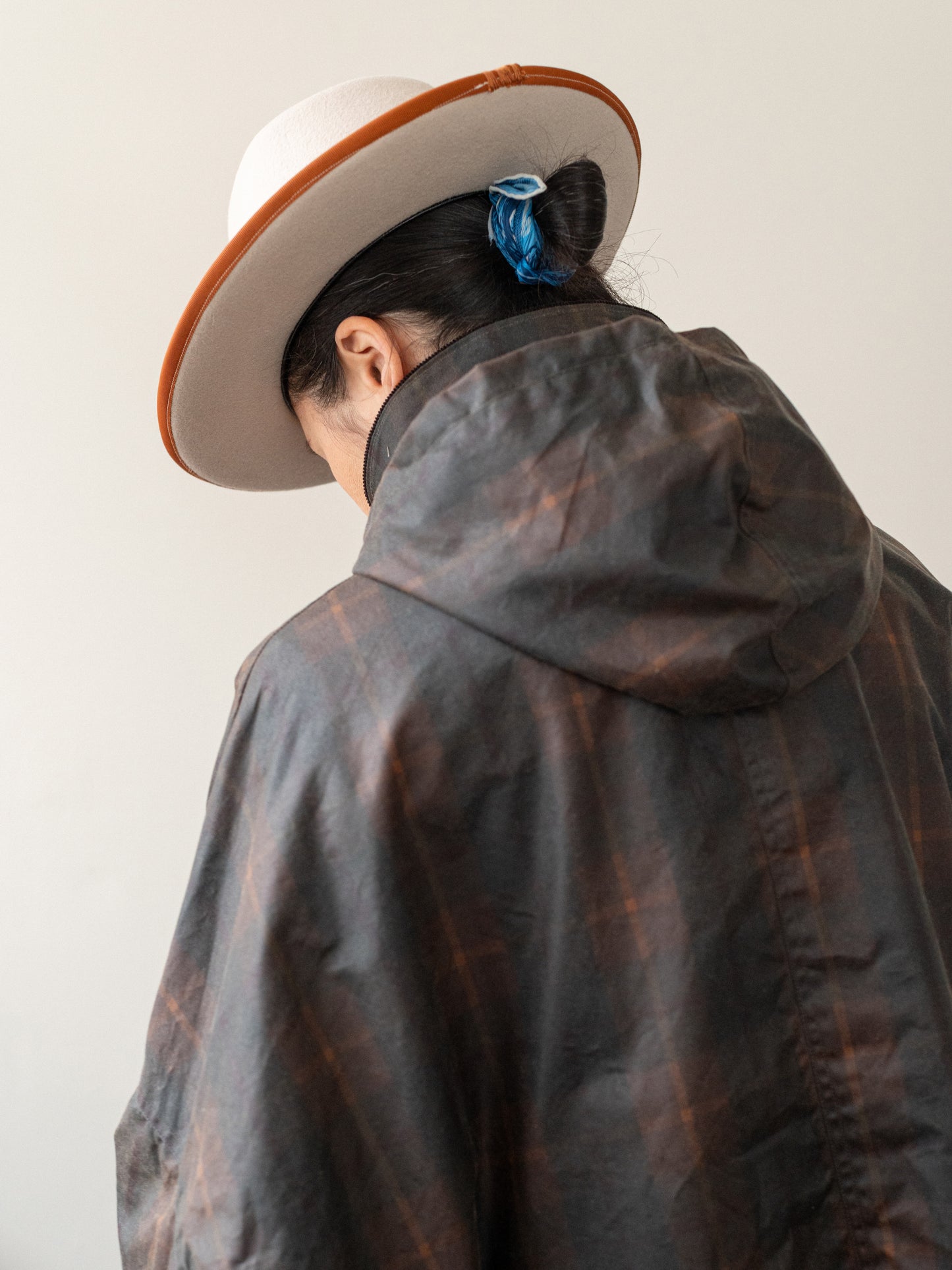 Wax Cotton Poncho Rain Coat / Brown Check
