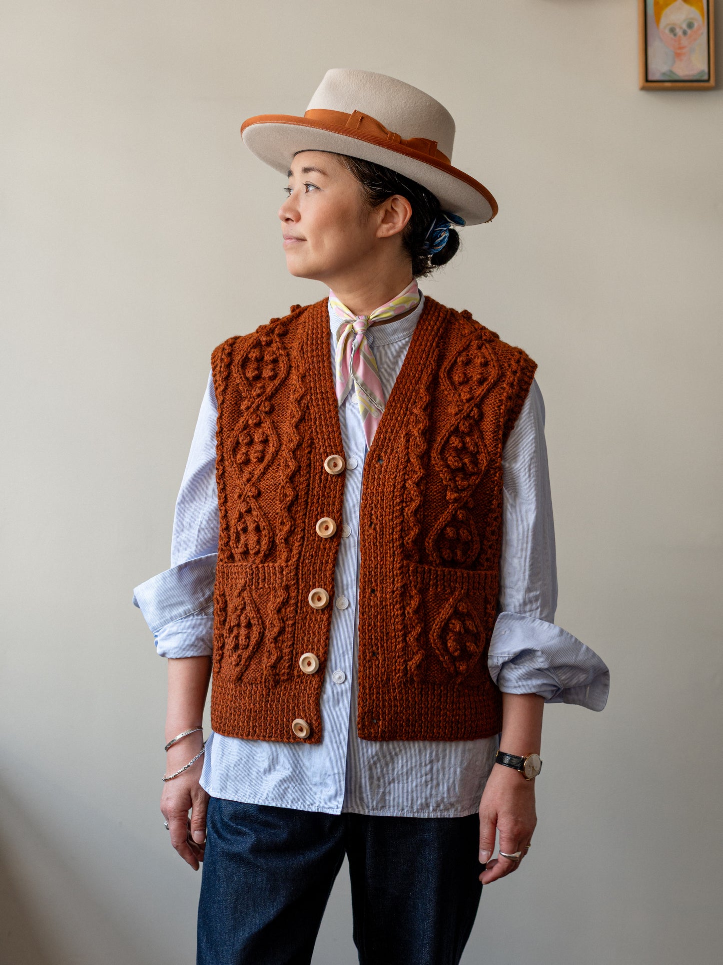 Aran V-neck Waistcoat / Ginger