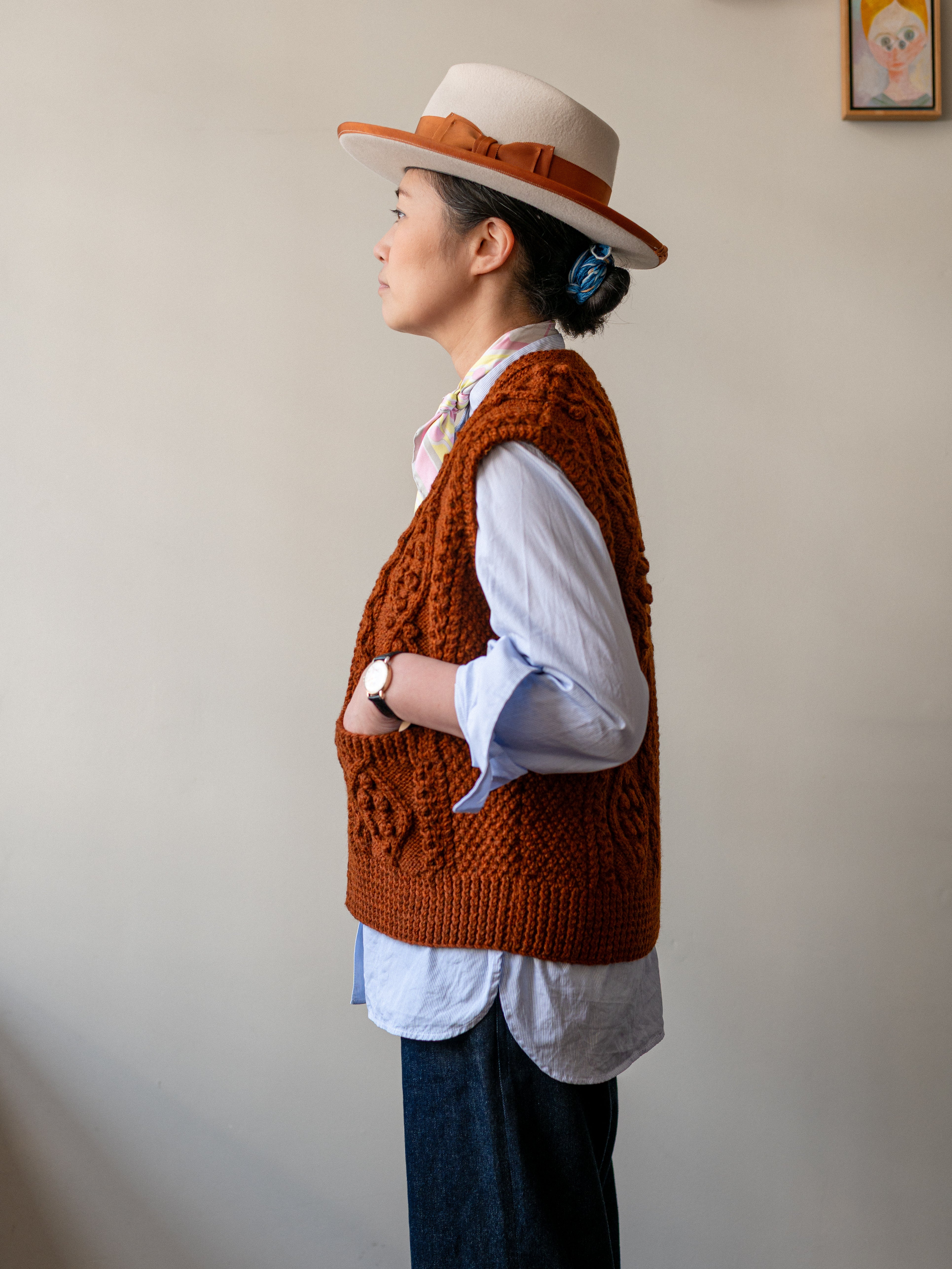 Hand-Knit Aran V-Neck Wool Waistcoat – Ginger | Made in UK – Colenimo