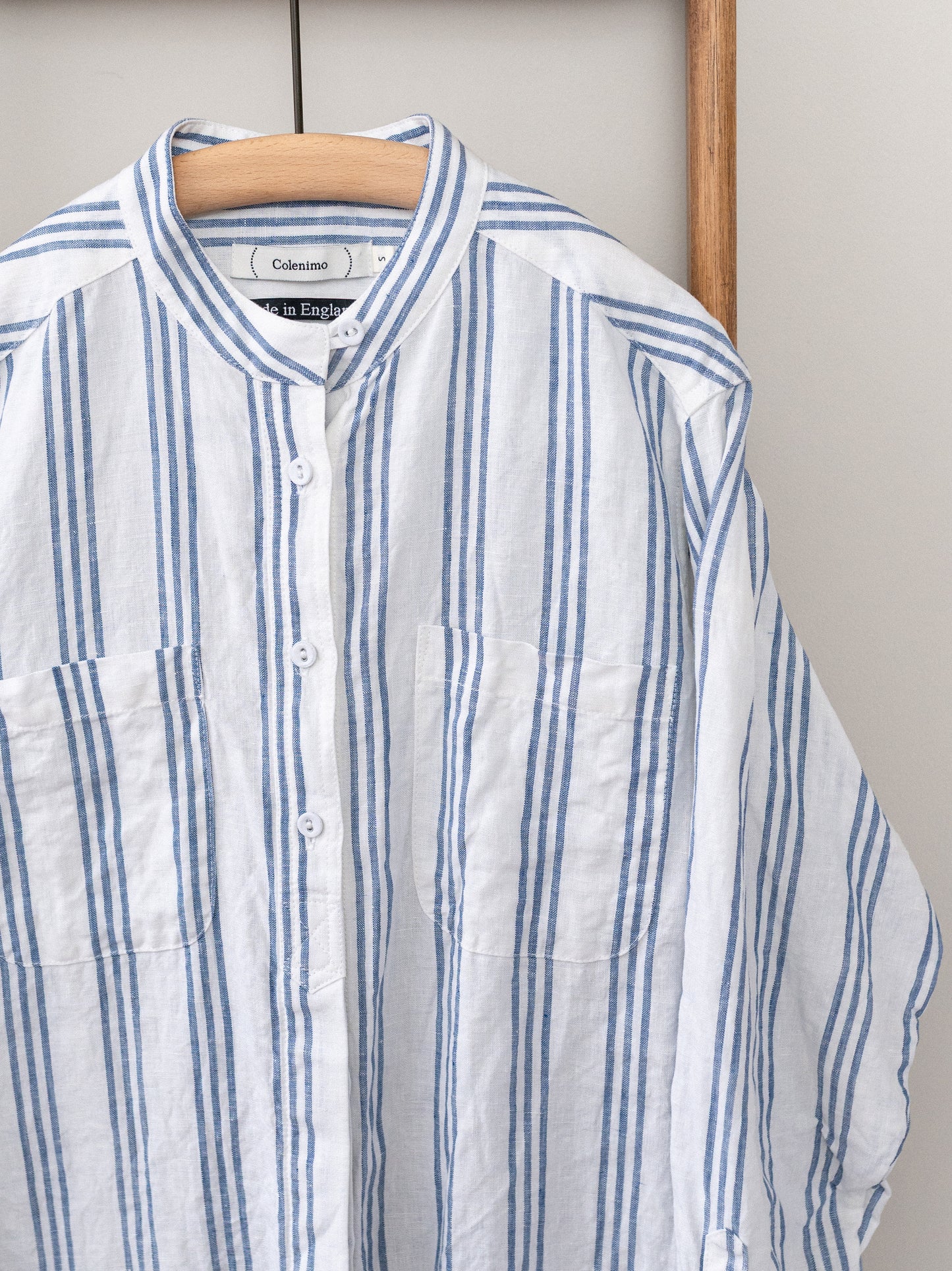 Band Collar Irish Linen Smock / Blue Stripe