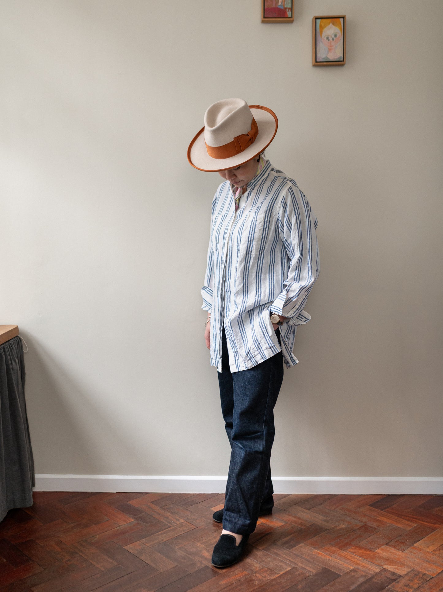 Band Collar Irish Linen Smock / Blue Stripe