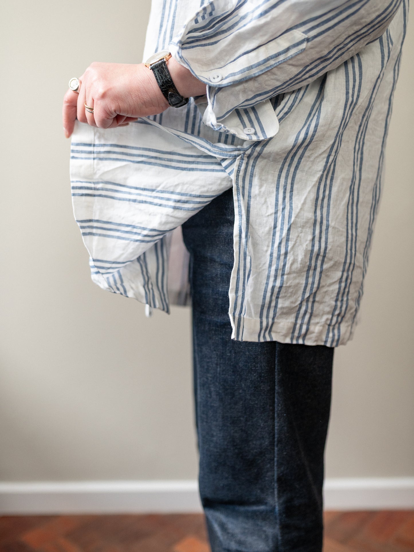 Band Collar Irish Linen Smock / Blue Stripe