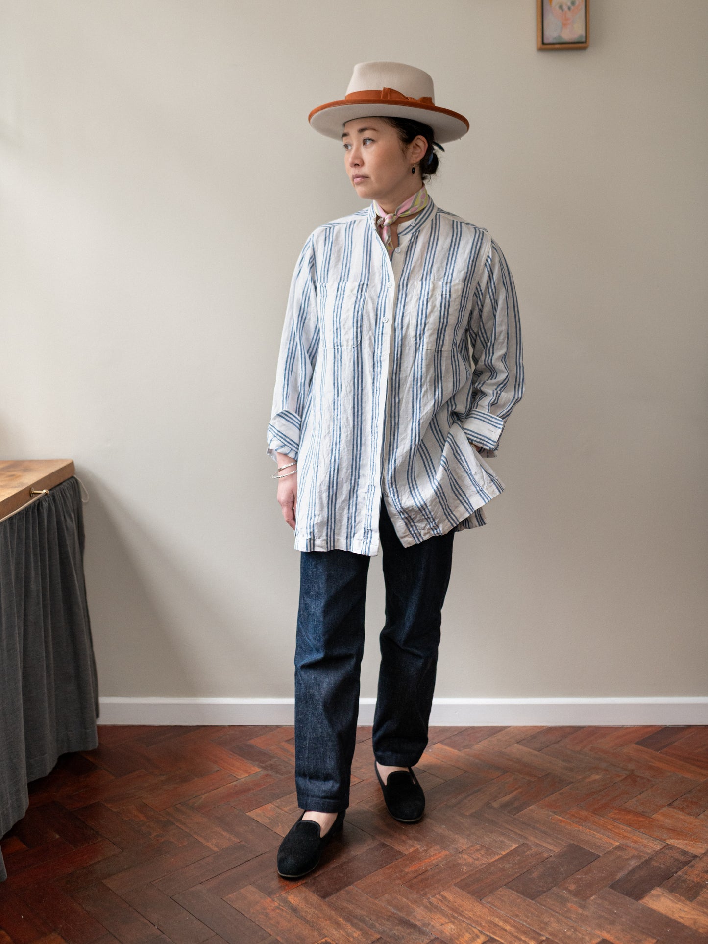 Band Collar Irish Linen Smock / Blue Stripe