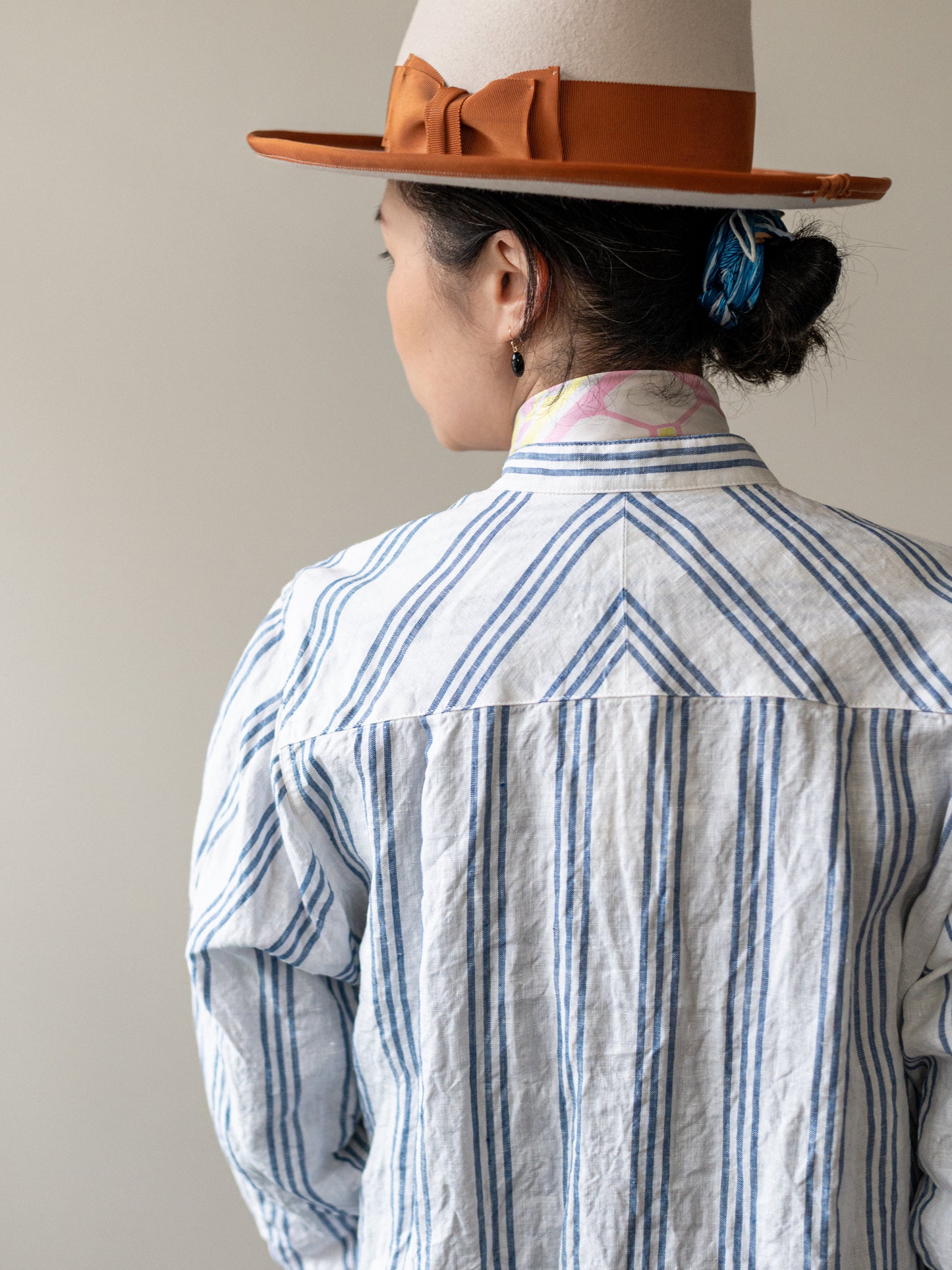 Band Collar Irish Linen Smock / Blue Stripe