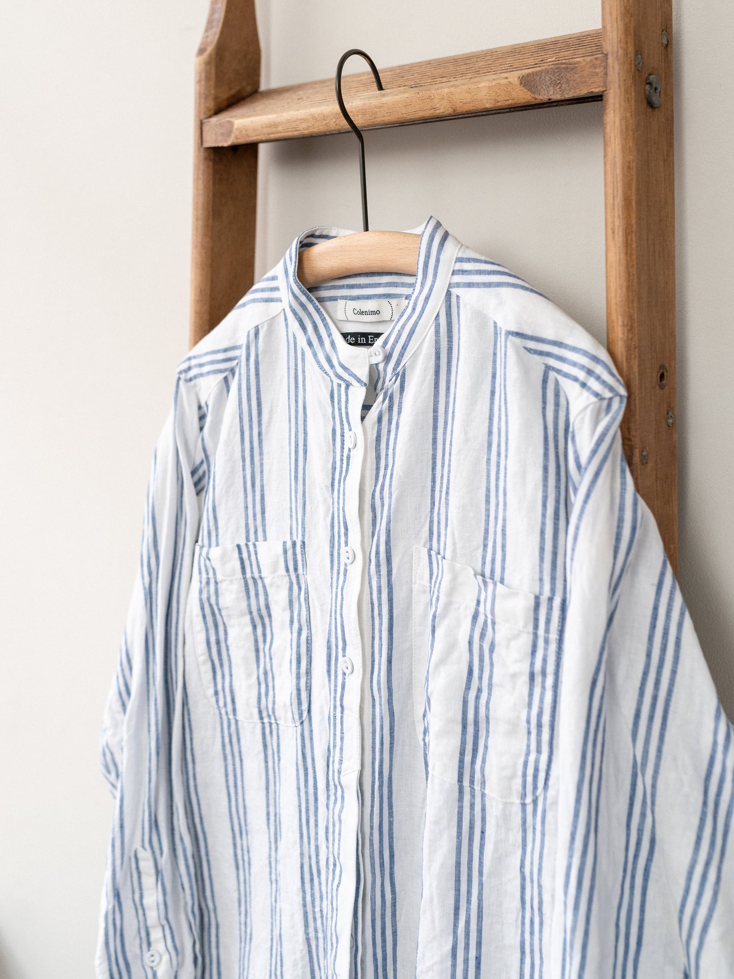 Band Collar Irish Linen Smock / Blue Stripe