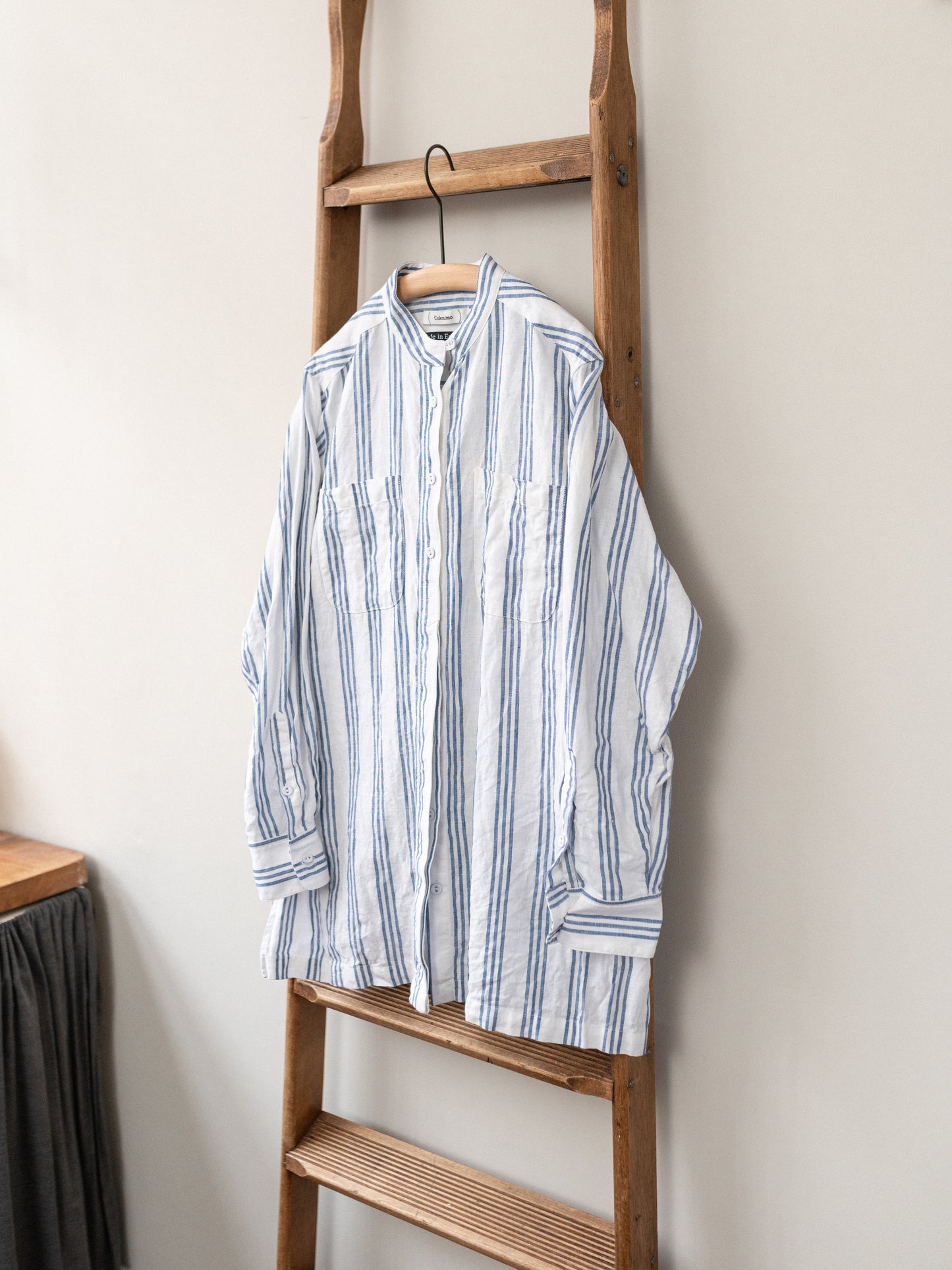 Band Collar Irish Linen Smock / Blue Stripe