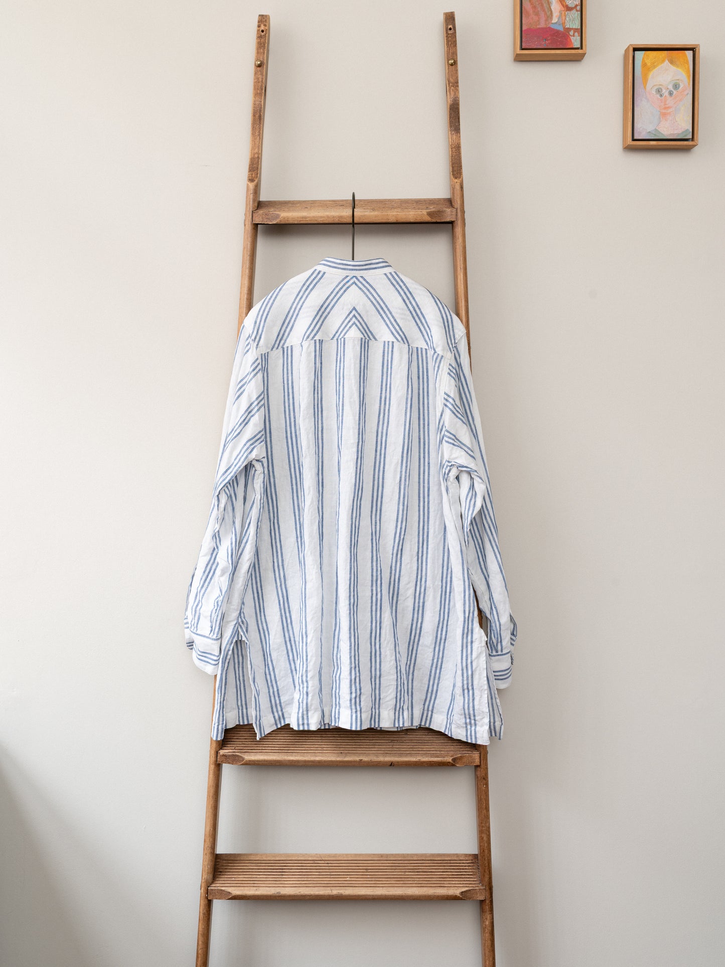 Band Collar Irish Linen Smock / Blue Stripe