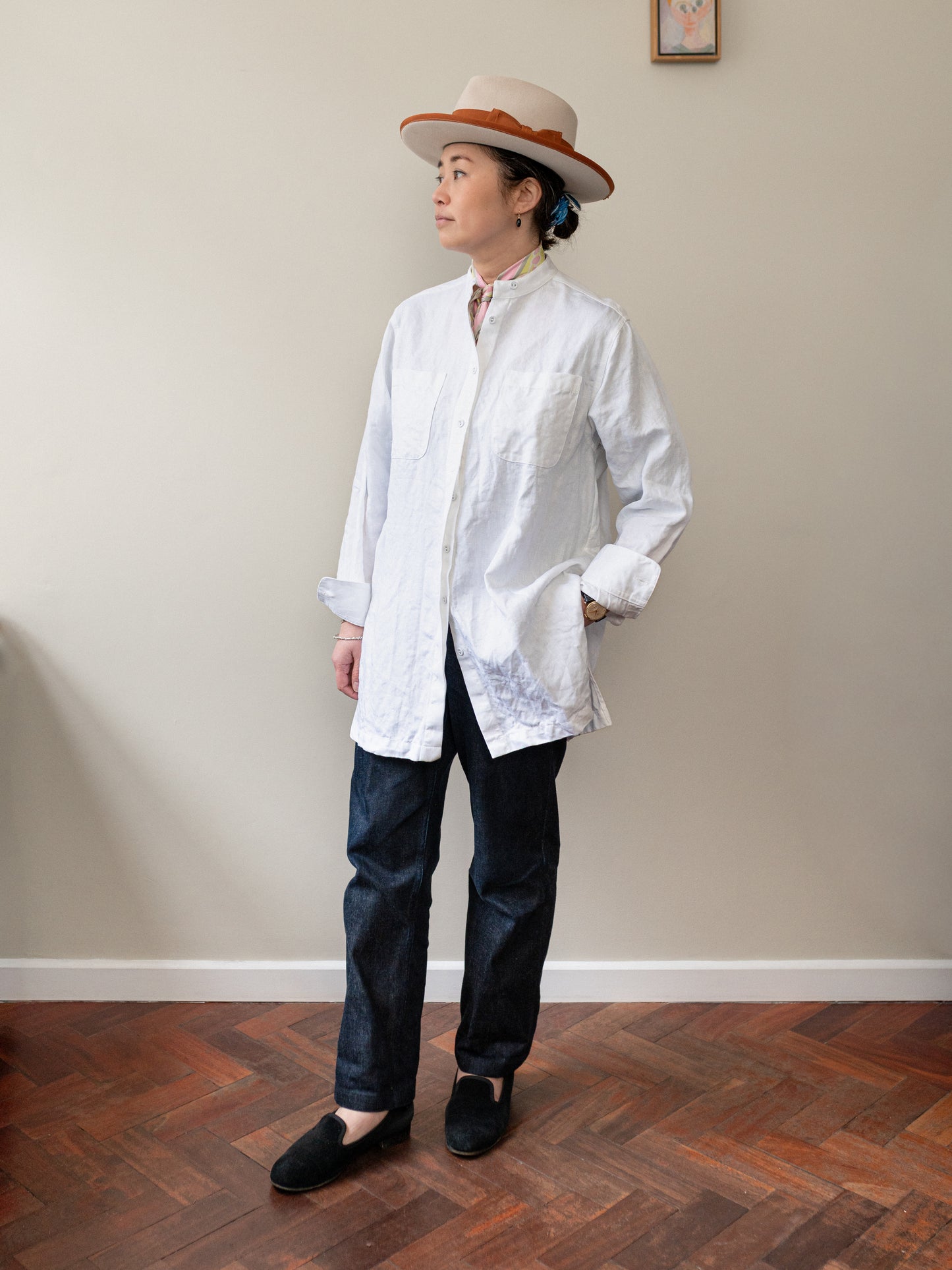 Band collar Irish Linen smock / White