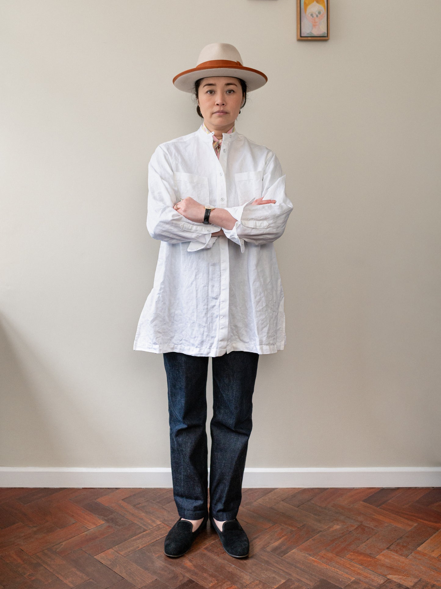 Band collar Irish Linen smock / White