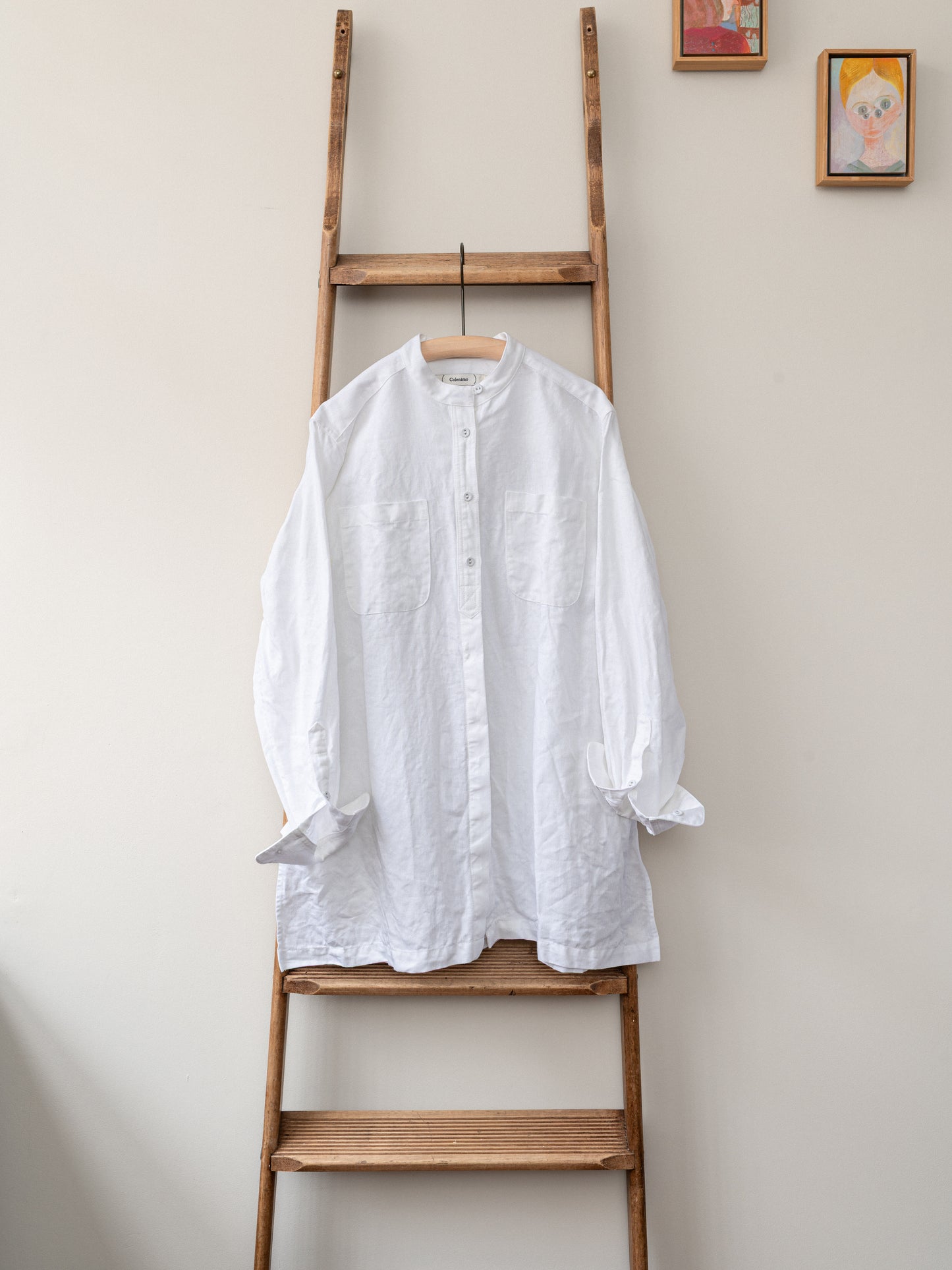 Band collar Irish Linen smock / White