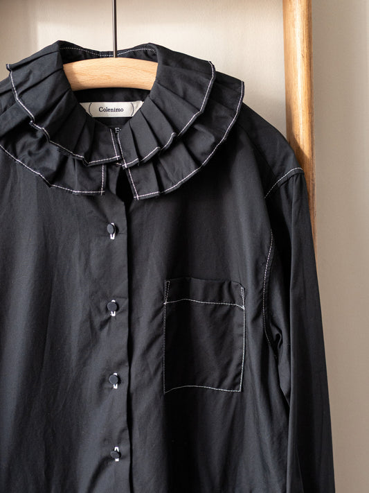 Cotton Poplin Ruffle Collar Dress / Black