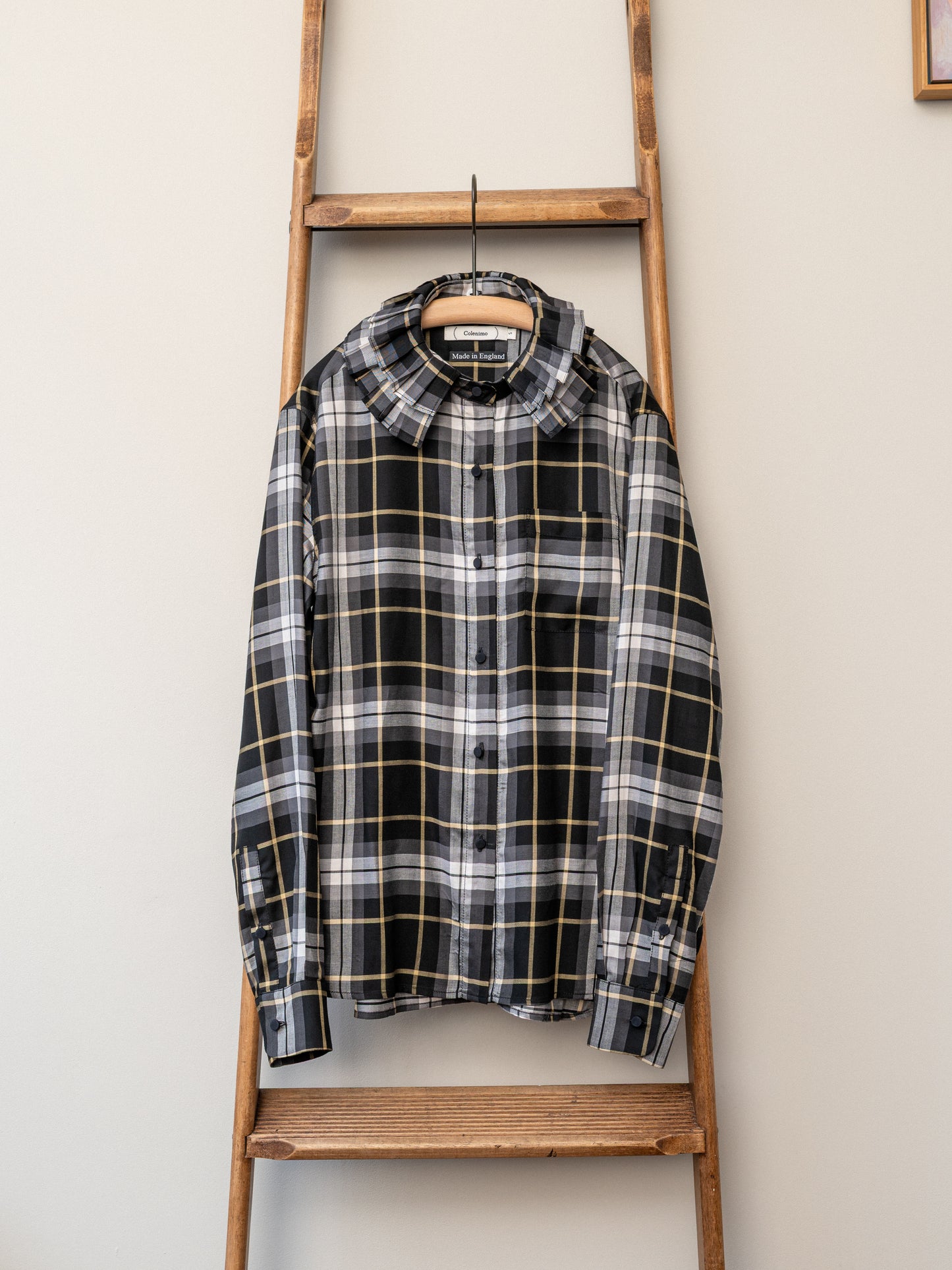 Detachable Ruffle Collar Top / Black Tartan