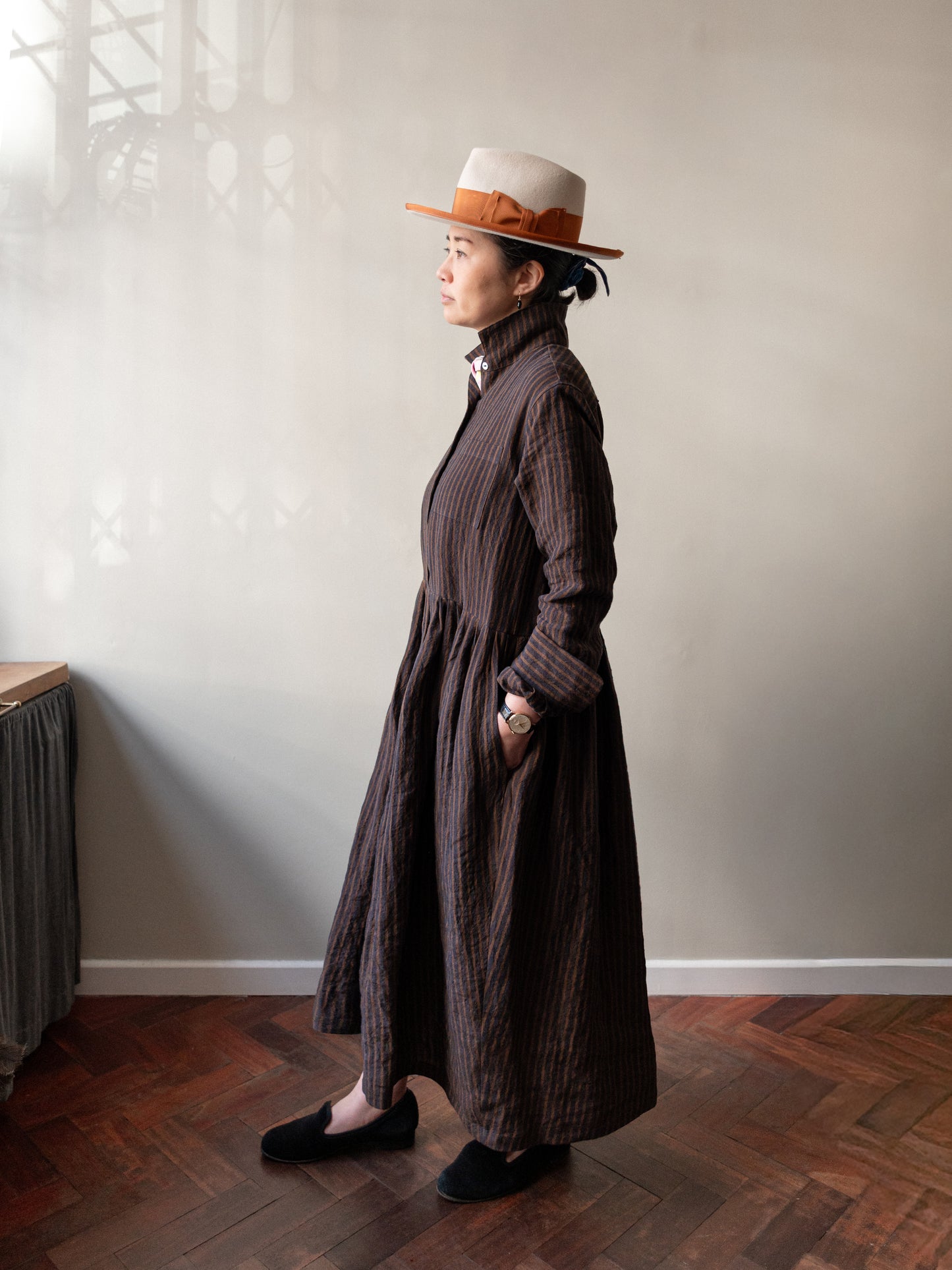 Irish Linen Stripe Dress / Brown