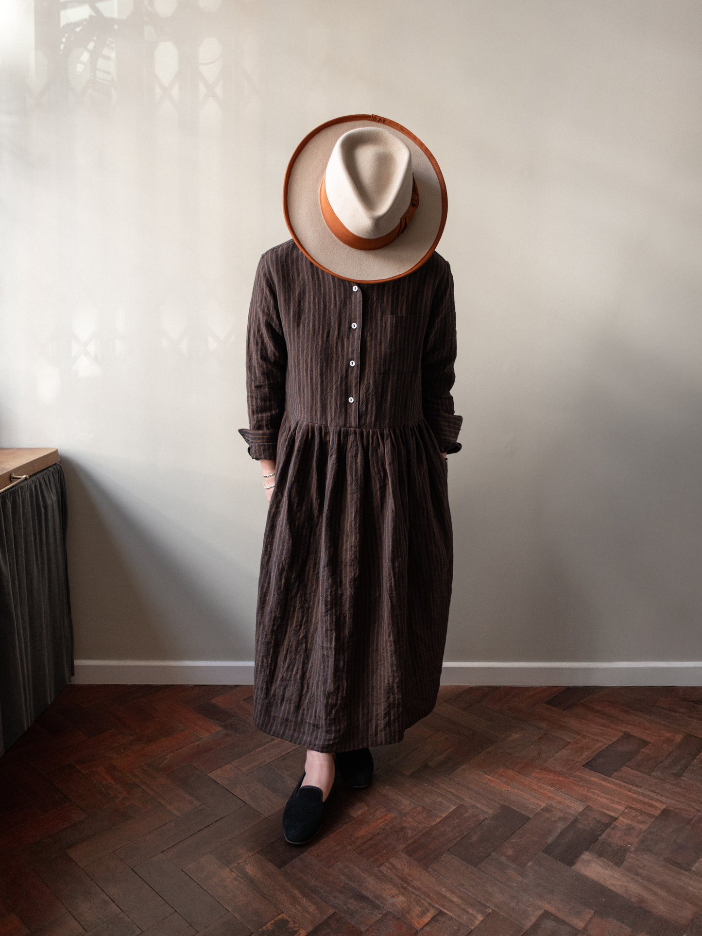 Natural Irish Linen Stripe Dress / Brown | Made in UK Colenimo Natural Irish Linen Stripe Dress / Brown | Made in UK Colenimo