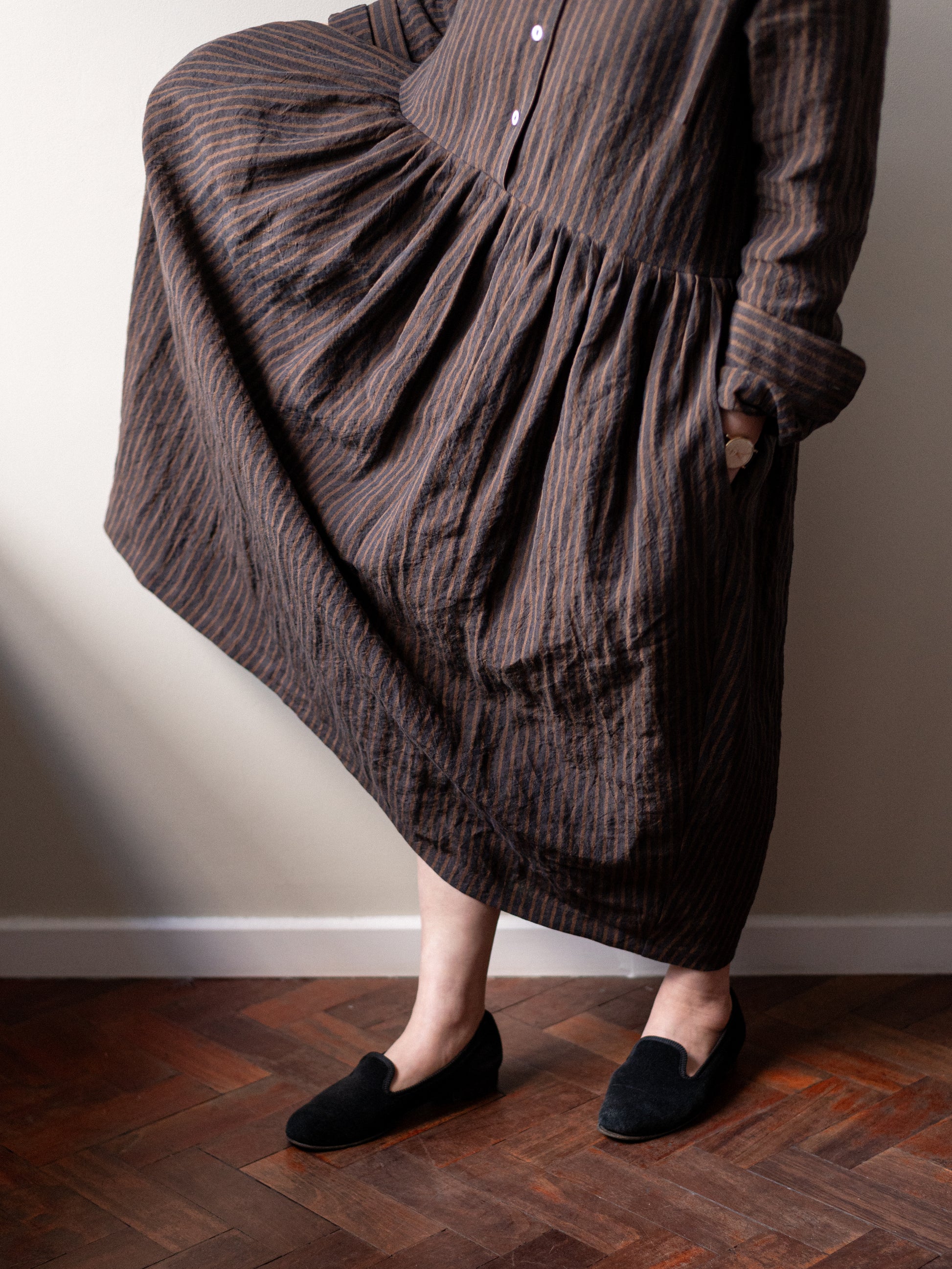 Natural Irish Linen Stripe Dress / Brown | Made in UK Brown / S (UK8-10) Natural Irish Linen Stripe Dress / Brown | Made in UK Brown / S (UK8-10)