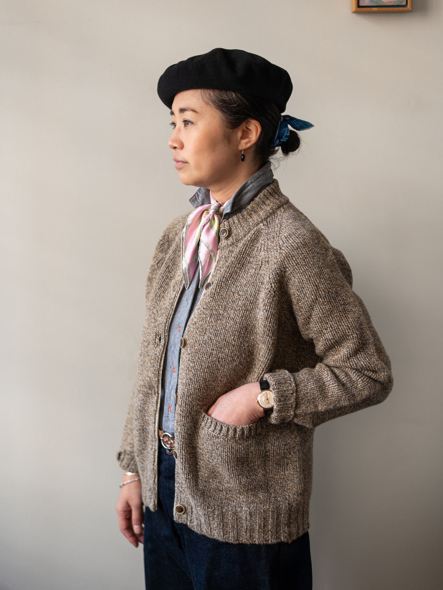 Lambswool Wool Shetland Yarn Cardigan / Mushroom