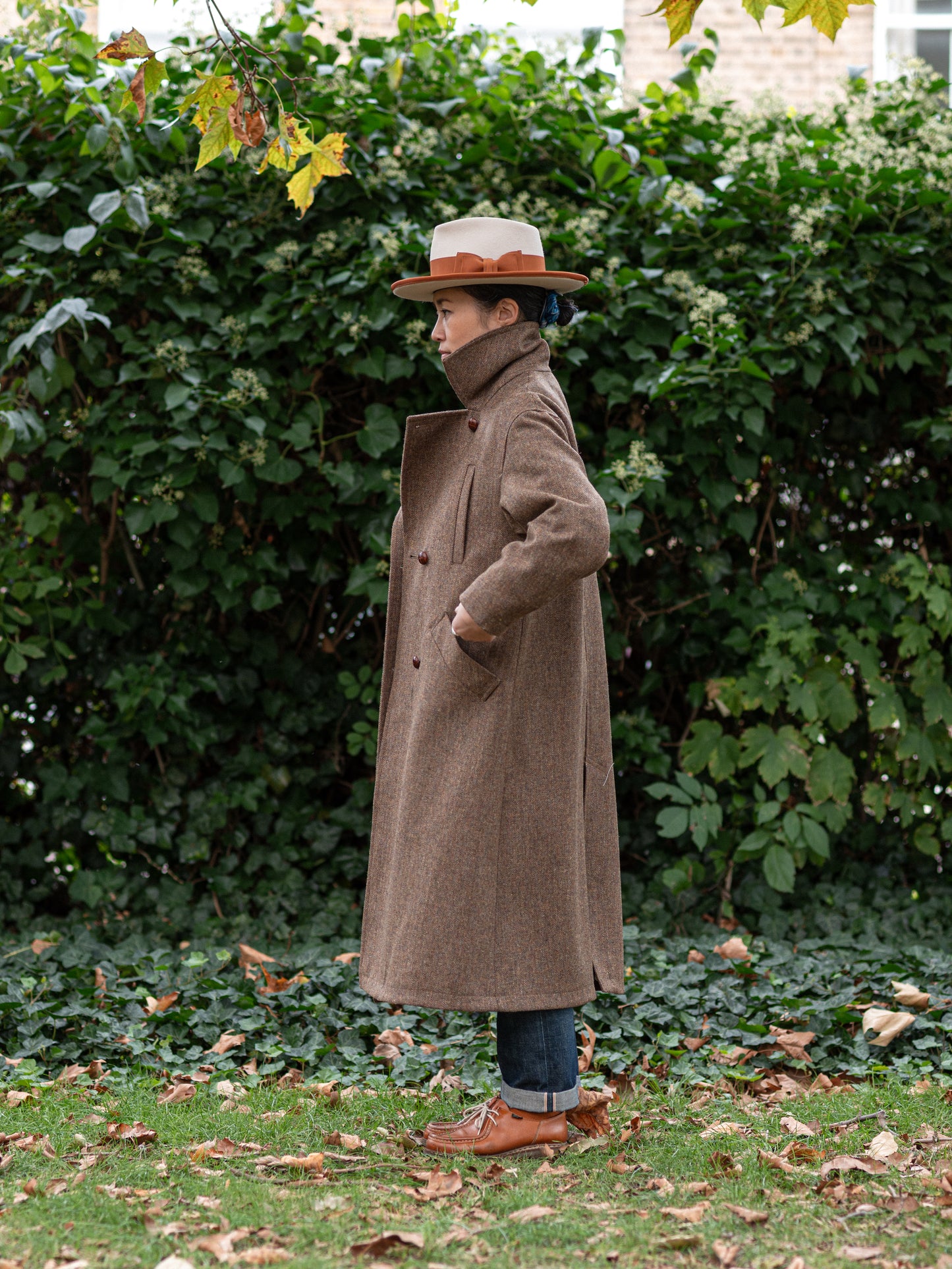 Long Peacoat / Brown Herringbone Tweed
